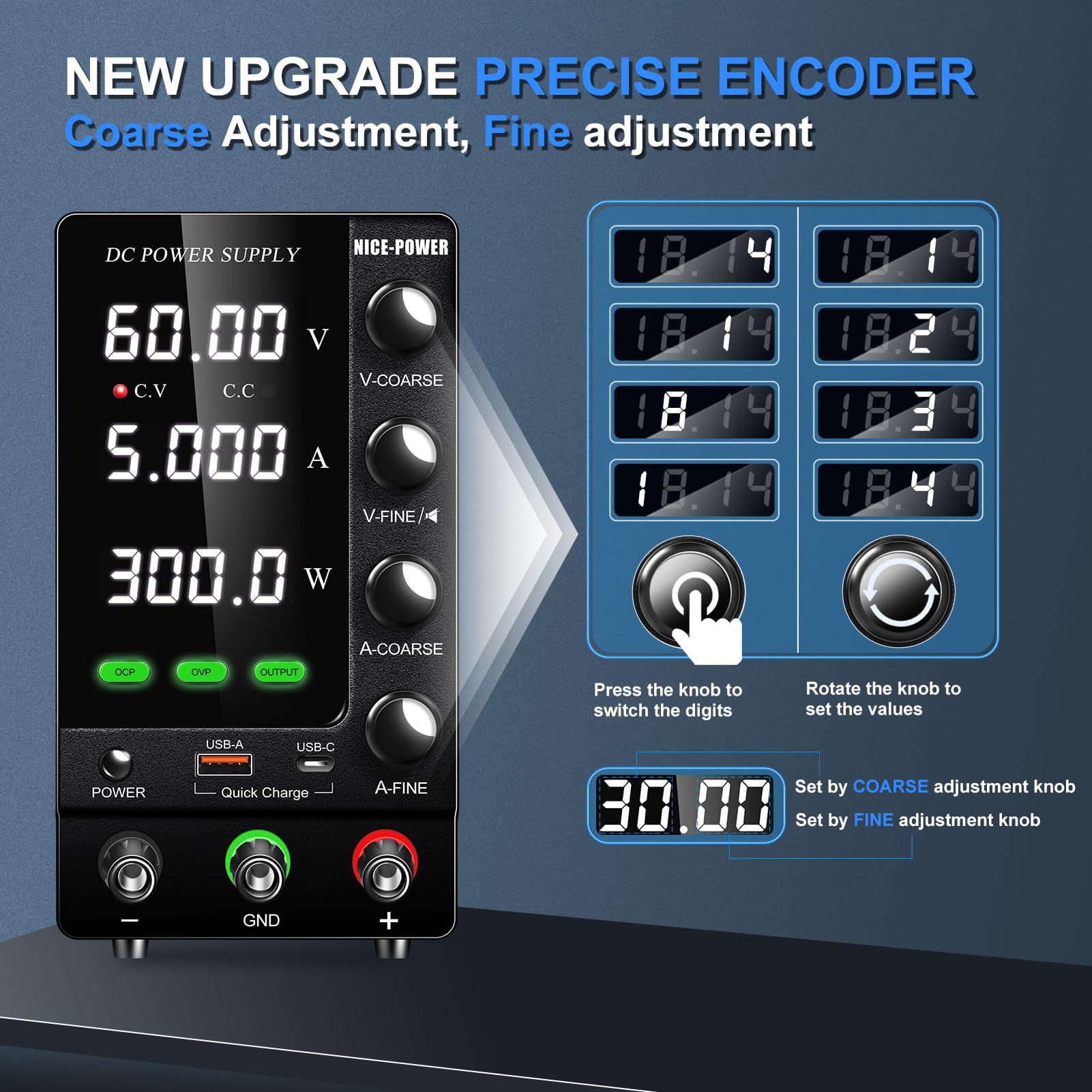 Adjustable 60V 5A DC Bench Power Supply with Digital Display - Variable Regulated Lab Power Source with Encoder, OVP/OCP Protection & USB Quick Charge for Electronics Testing, DIY Projects, and School Labs