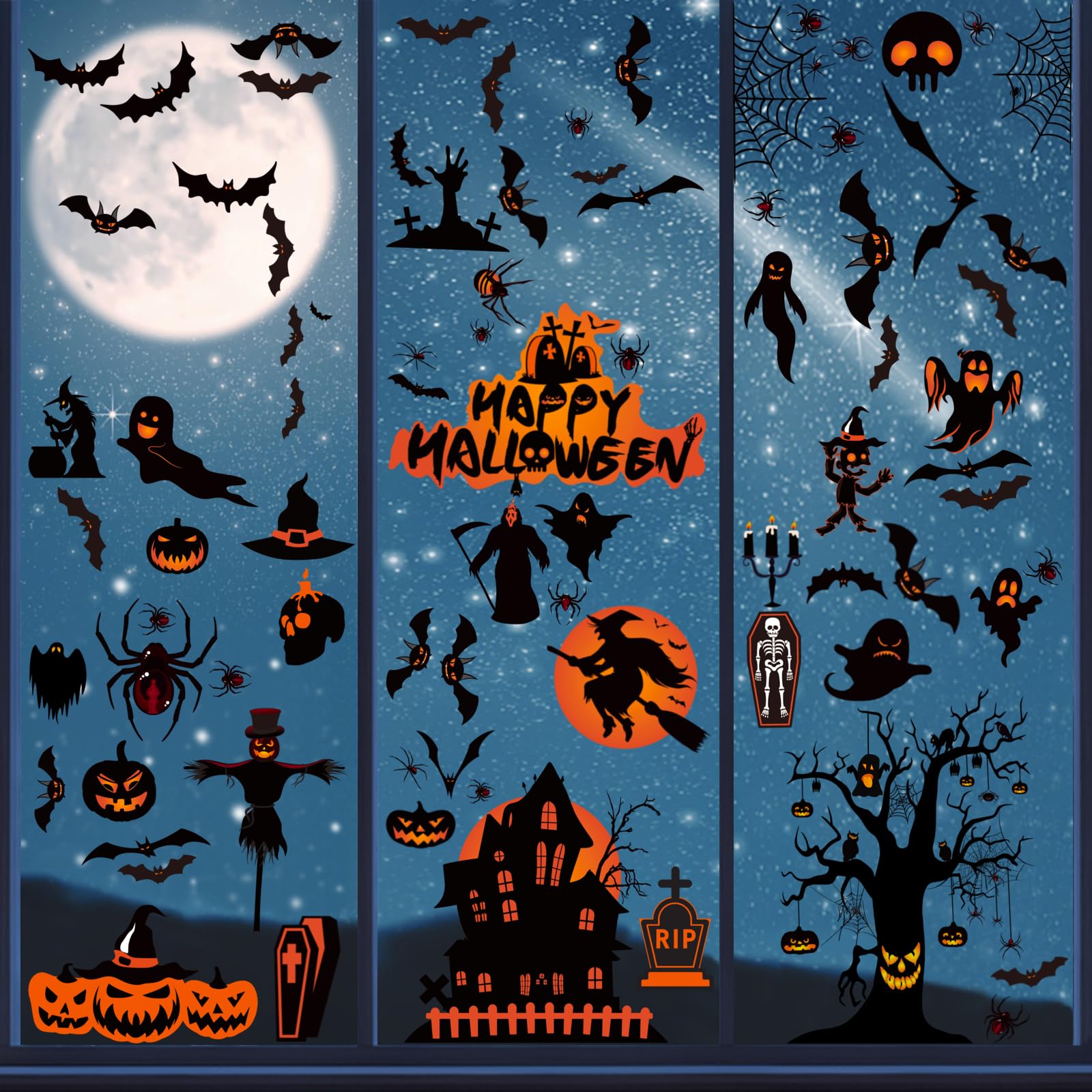 98pcs Halloween Window Stickers - 8 Sheets of Double-Sided Bats & Spiders Window Clings for Halloween Party Decorations | Perfect for Home, Office, Classroom & Haunted House Decor