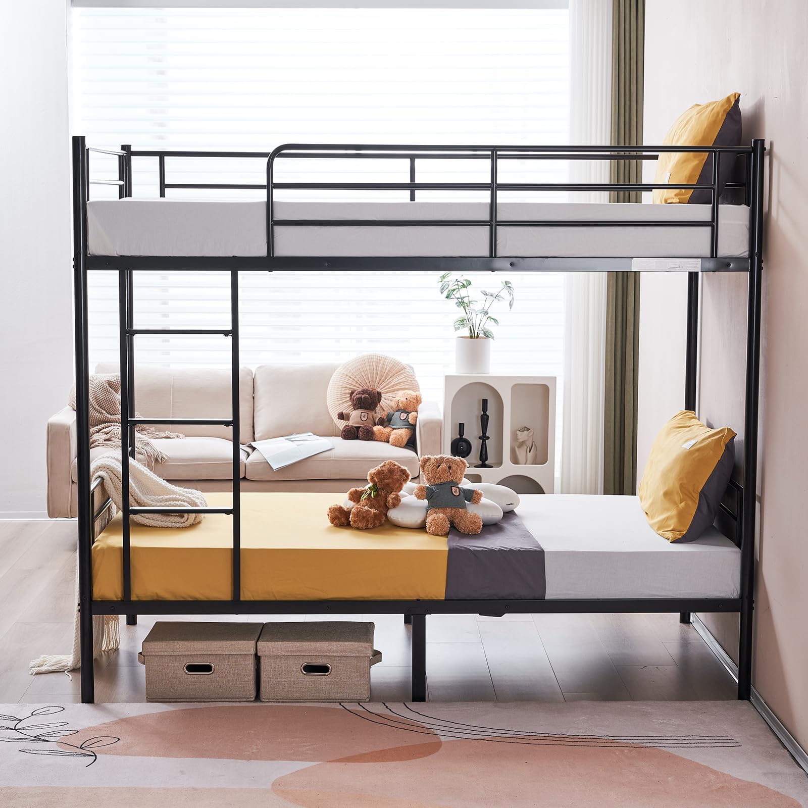 Karl Home Black Twin Over Twin Metal Bunk Bed with Built-in Ladder & Safety Guardrail - Space Saving Bunk Bed for Kids, Teens & Adults (No Box Spring Needed) - Perfect for Small Bedrooms, Dorms & Guest Rooms