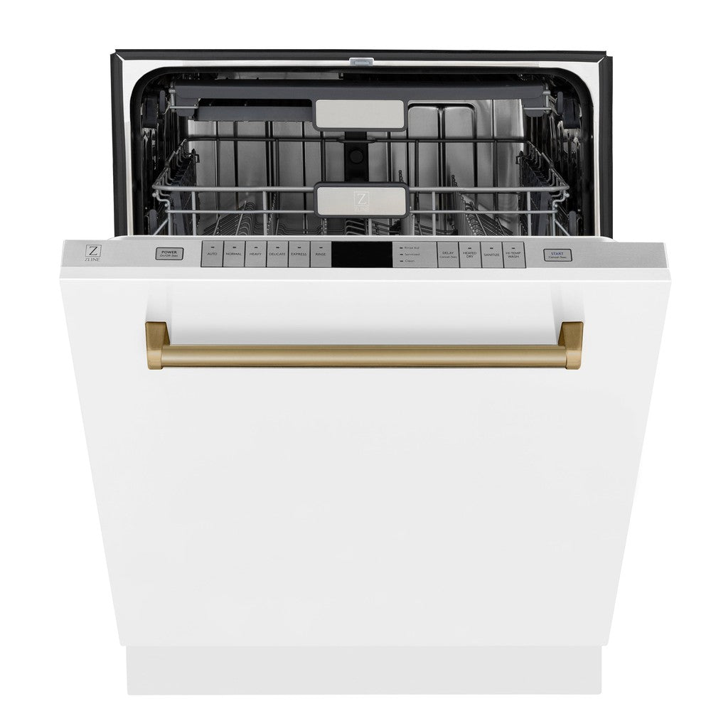 ZLINE Autograph Edition 24 Inch Monument Series 3rd Rack Dishwasher - White Matte with Champagne Bronze Handle, Ultra Quiet 45dBa, Top Touch Control, Tall Tub Design | Perfect for Modern Kitchens, Open Concept Homes & Luxury Apartments