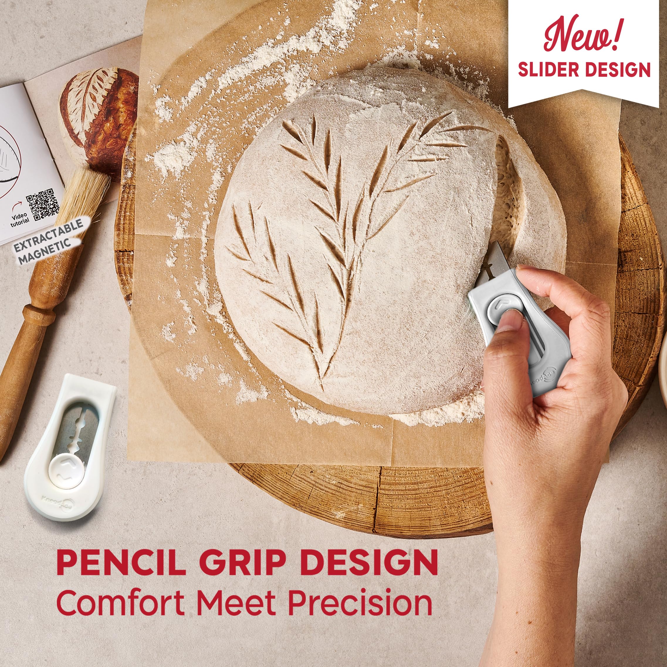 Professional Upgraded Magnetic Bread Lame - Extendable Blade Dough Scoring Tool for Sourdough Baking | Includes 5 Replaceable Razor Blades & Scoring Pattern Guide | Perfect for Artisan Bread, Baguettes, and Homemade Pastries