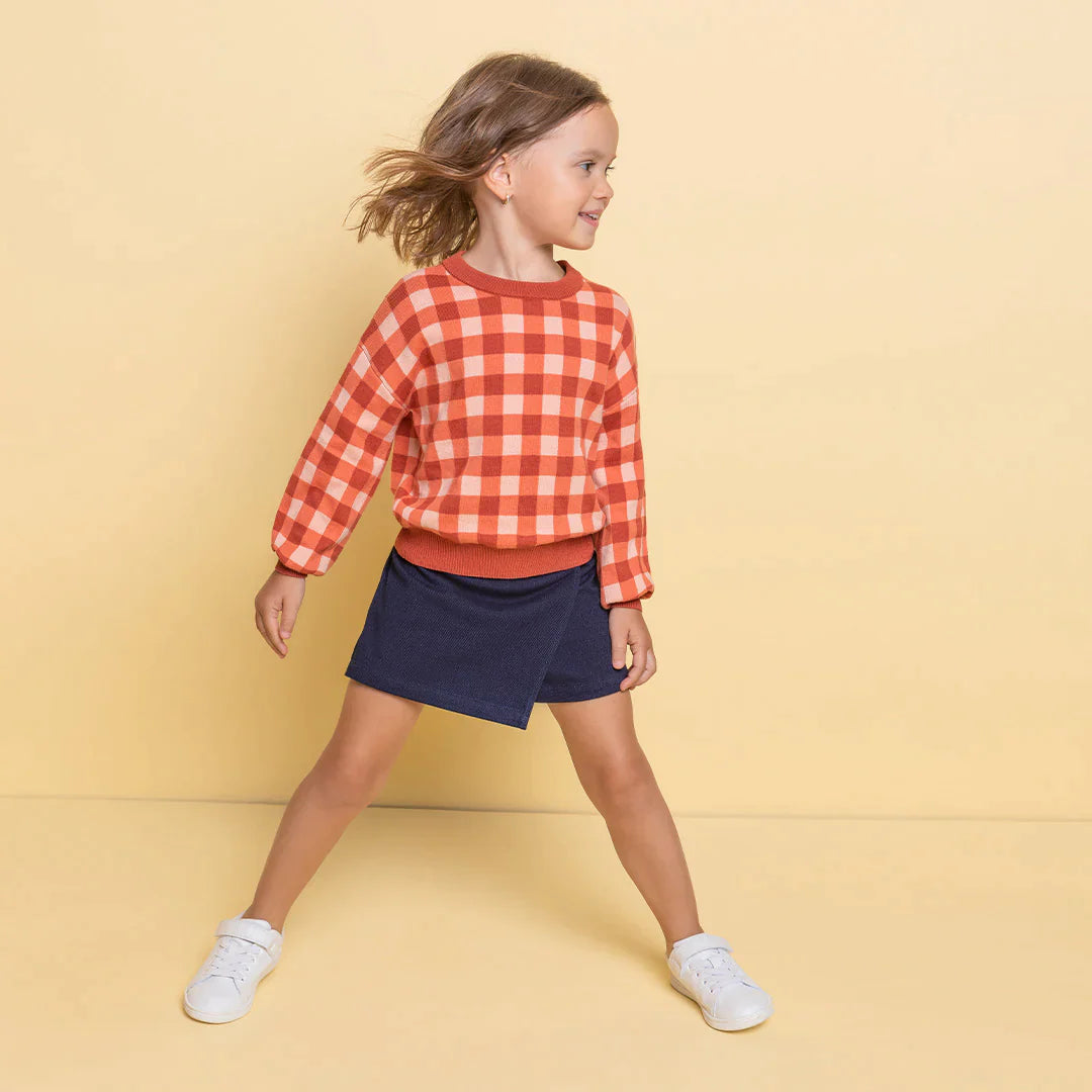 Brick & Off White Gingham Jacquard Sweater for Girls - Cozy Knit Pullover for School, Fall & Winter Fashion