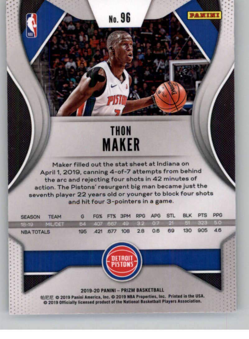 2019-20 Panini Prizm #96 Thon Maker Detroit Pistons NBA Basketball Trading Card - Rare Collectible for Sports Fans & Card Investors - Perfect for Display, Trading, and Memorabilia Collections