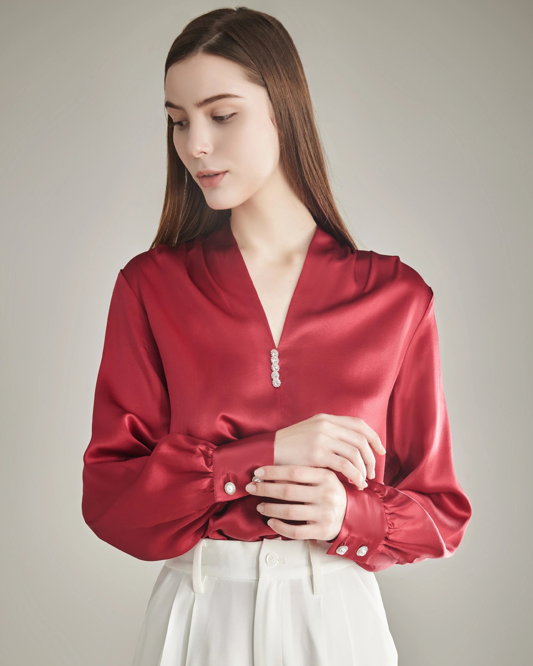 Elegant Women's Rhinestone Buttons Silk Blouse - Formal & Party Wear for Office, Dinner & Special Occasions