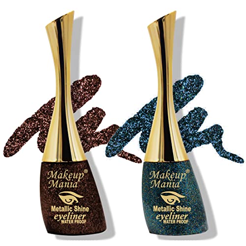 Metallic Shine Glitter Eyeliner - Waterproof Long Lasting Brown & Grey Blue Makeup (Shade 12-24) for Party, Halloween & Special Occasion Eye Looks