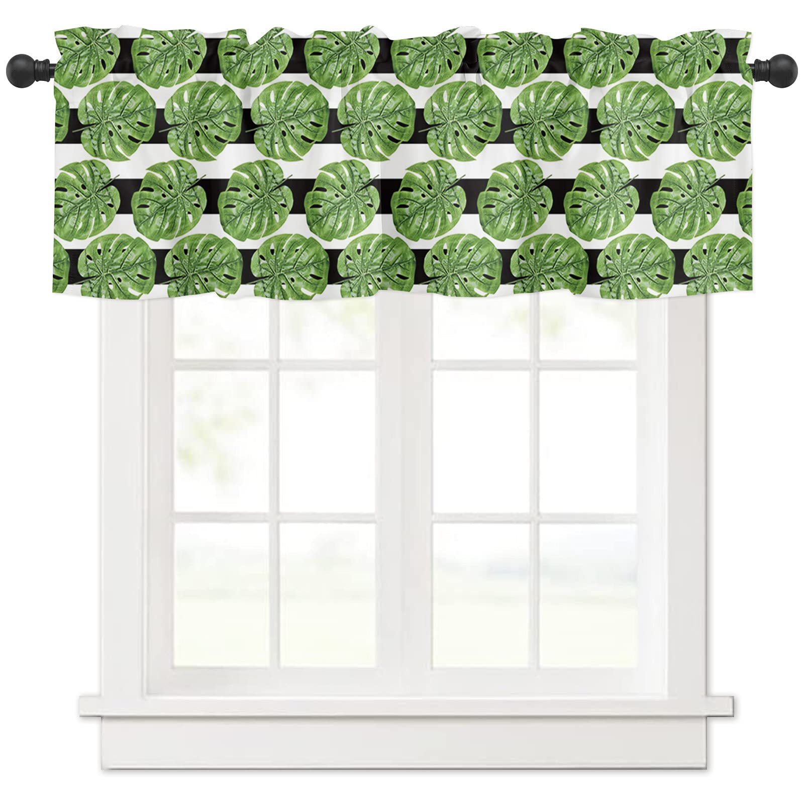 Monstera Leaf Valance Curtains - Tropical Green, Black & White Rod Pocket Window Treatments (54