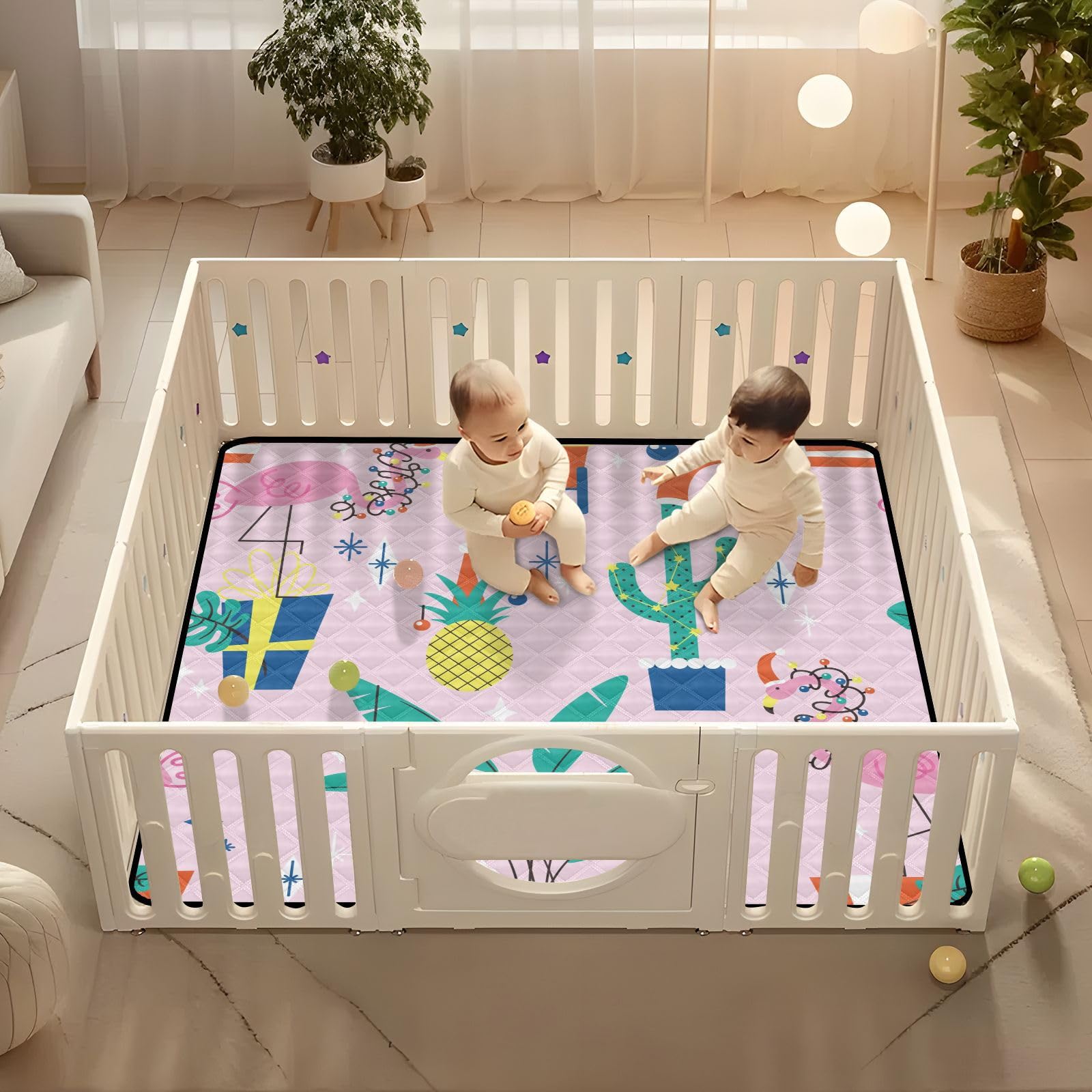 Christmas Tropical Plants & Flamingo Hope Hat Foldable Baby Play Mat – 50'' x 50'' Washable Padded Activity Mat for Infants, Toddlers & Kids | Indoor & Outdoor Use for Playtime, Crawling & Tummy Time