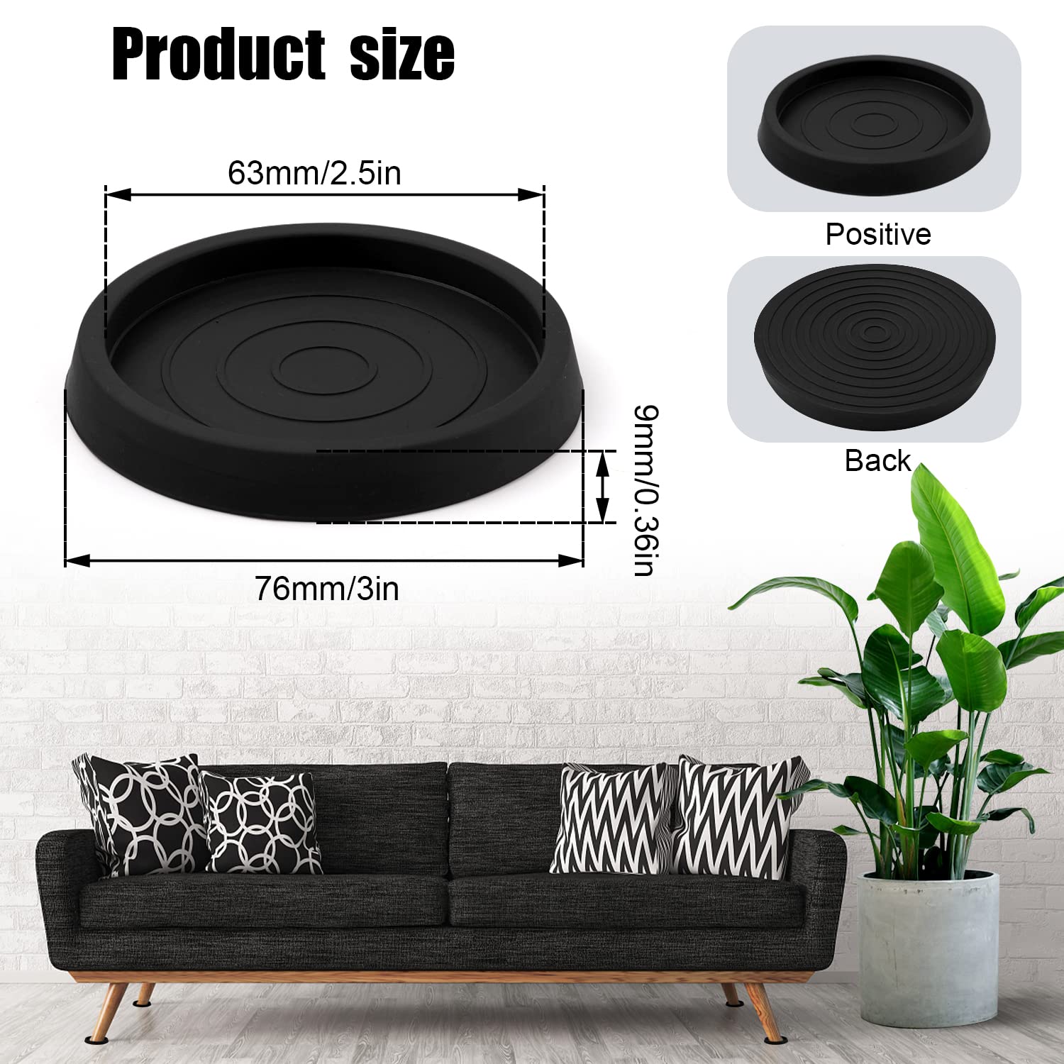 8Pcs 2.5 Inch Non-Slip Round Rubber Furniture Coasters - Piano Leg Pads & Caster Cups for Hardwood Floor Protection (Black) | Perfect for Chairs, Tables, Sofas to Prevent Scratches & Noise