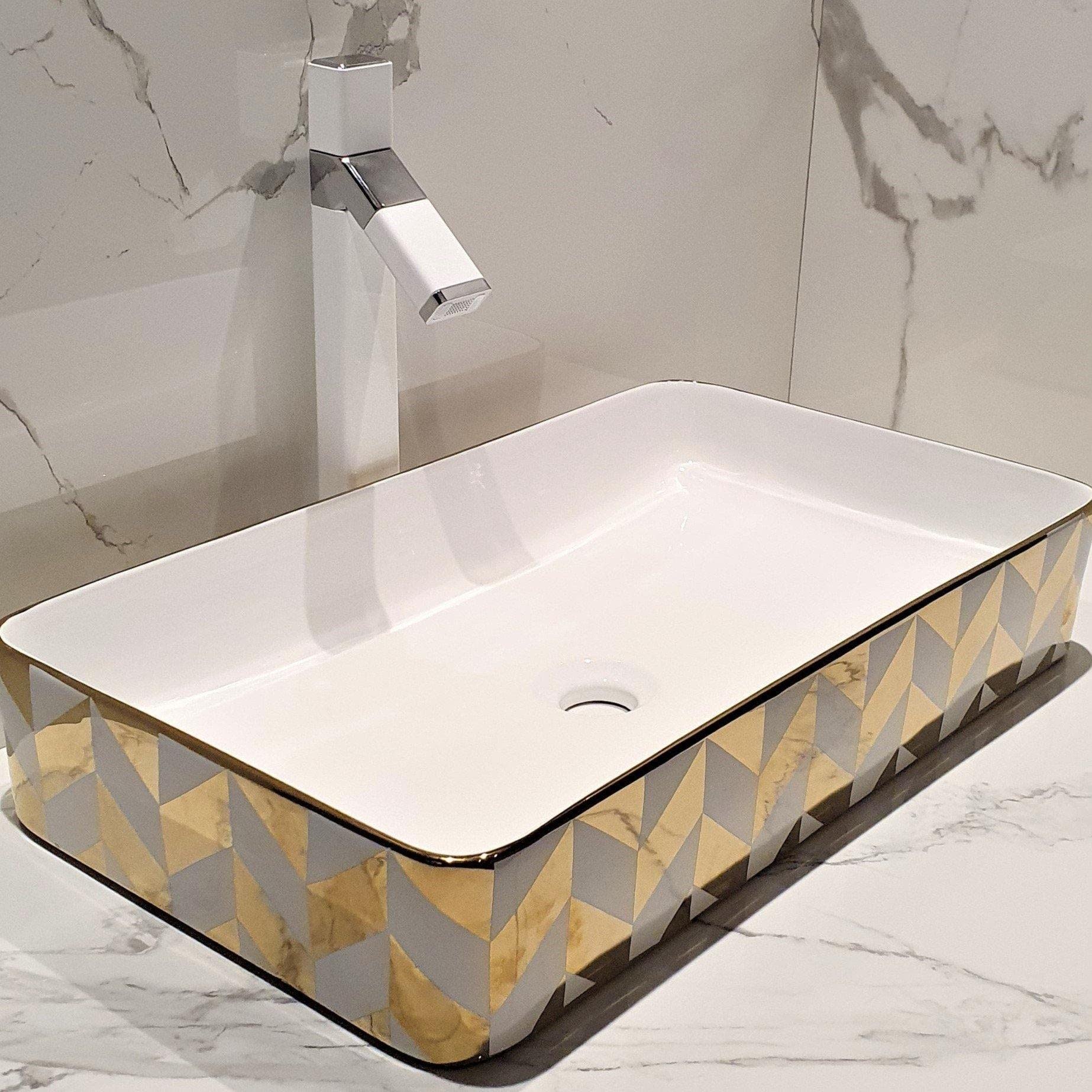 Premium Ceramic Gold Wash Basin - 60x35x11cm Countertop Vessel Sink for Bathroom Vanity | Modern Art Basin with Glossy White & Gold Finish | Perfect for Luxury Homes, Spas & Boutique Hotels