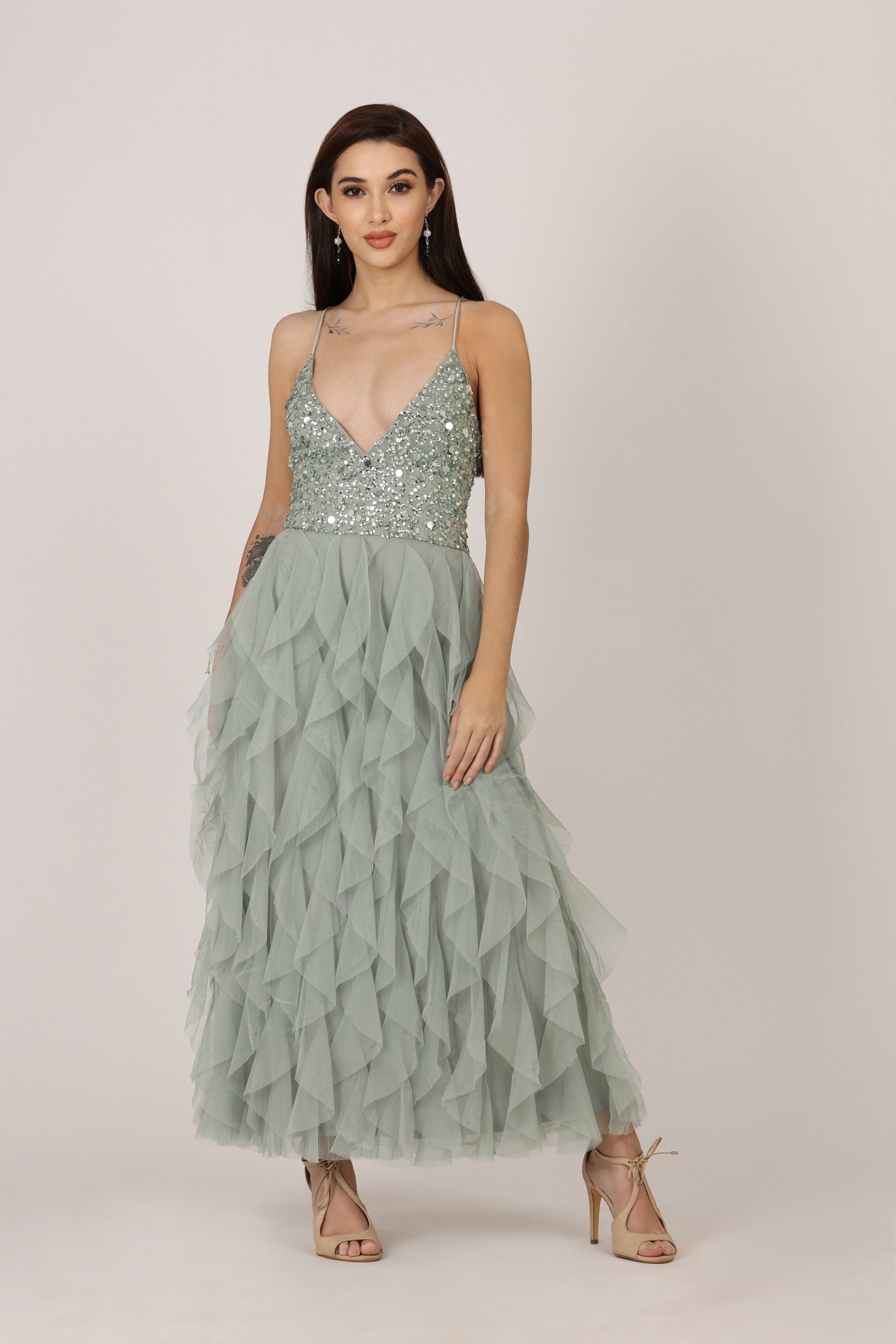 Elegant Teal Page Embellished Midi Dress for Women | Floral Lace Party Cocktail Dress | Perfect for Weddings, Date Nights & Special Occasions