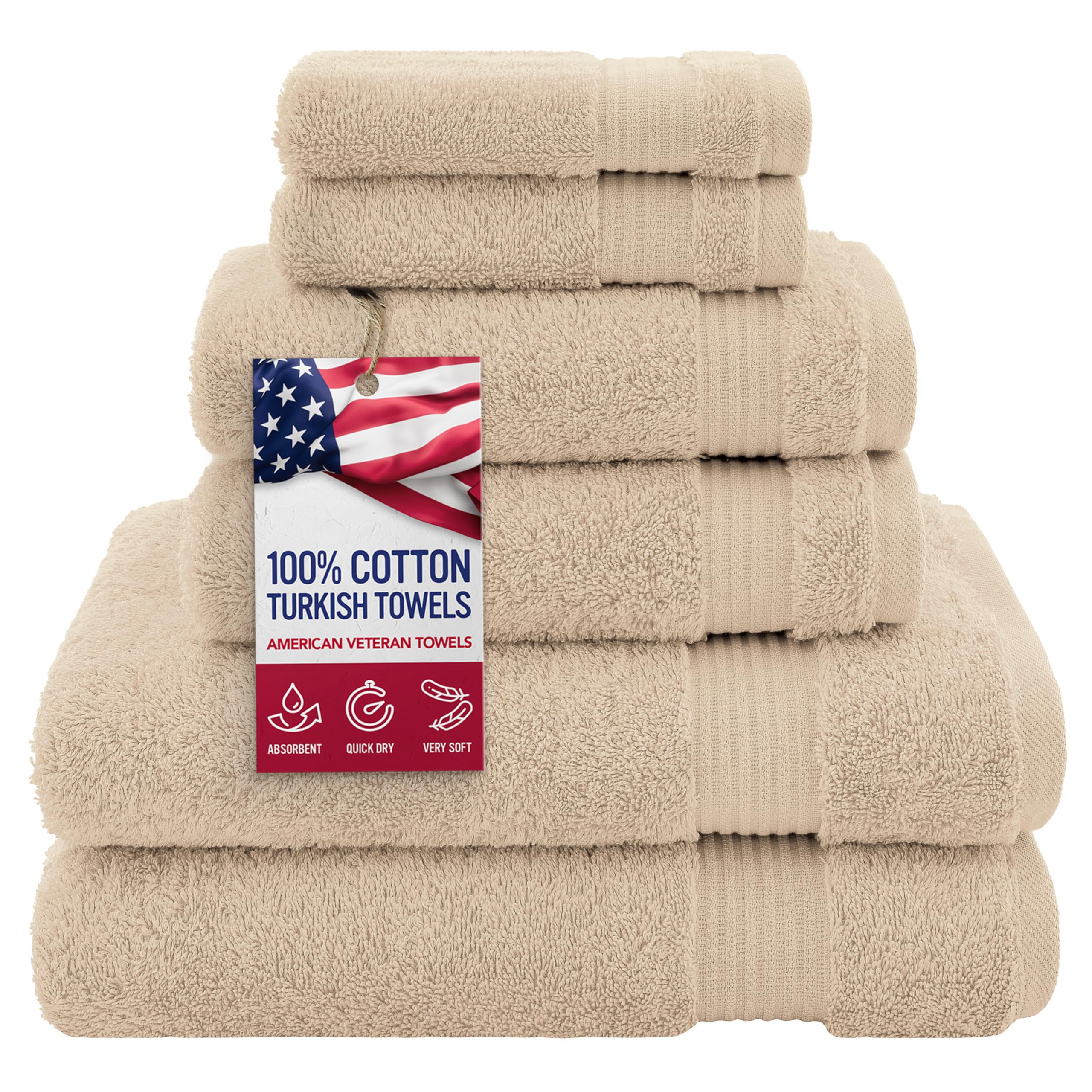 Premium 100% Cotton Turkish 6-Piece Bath Towel Set - 2 Bath Towels, 2 Hand Towels & 2 Washcloths - Ultra Soft & Absorbent Luxury Towels for Spa, Bathroom & Guest Essentials (Beige)