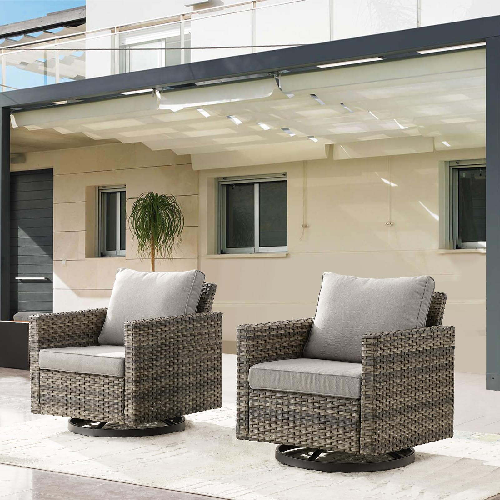 Heavy Duty Wicker Swivel Rocking Chairs Set of 2 - 350LBS Max Load Outdoor Patio Furniture for Porch, Balcony, Deck & Poolside - Grey/Grey - Perfect for Relaxing, Entertaining & Outdoor Lounging
