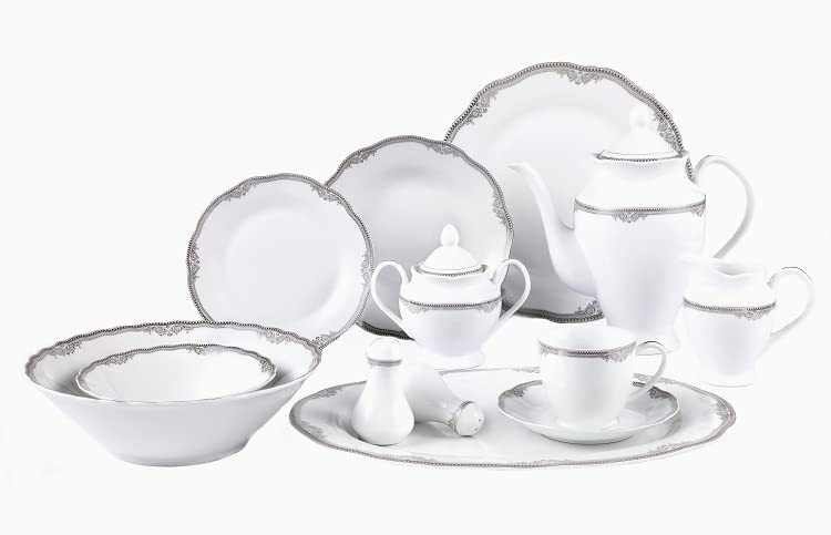 57-Piece Elegant Porcelain Dinnerware Set for 8 - Wavy Edge with Silver Trim | Perfect for Dinner Parties, Weddings & Formal Events