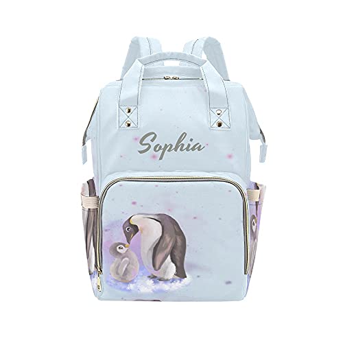 Custom Personalized Cute Penguins Watercolor Diaper Backpack - Baby Shower Gift for New Moms, Nursing Tote Bag with Name Embroidery for Hospital, Travel & Daily Use