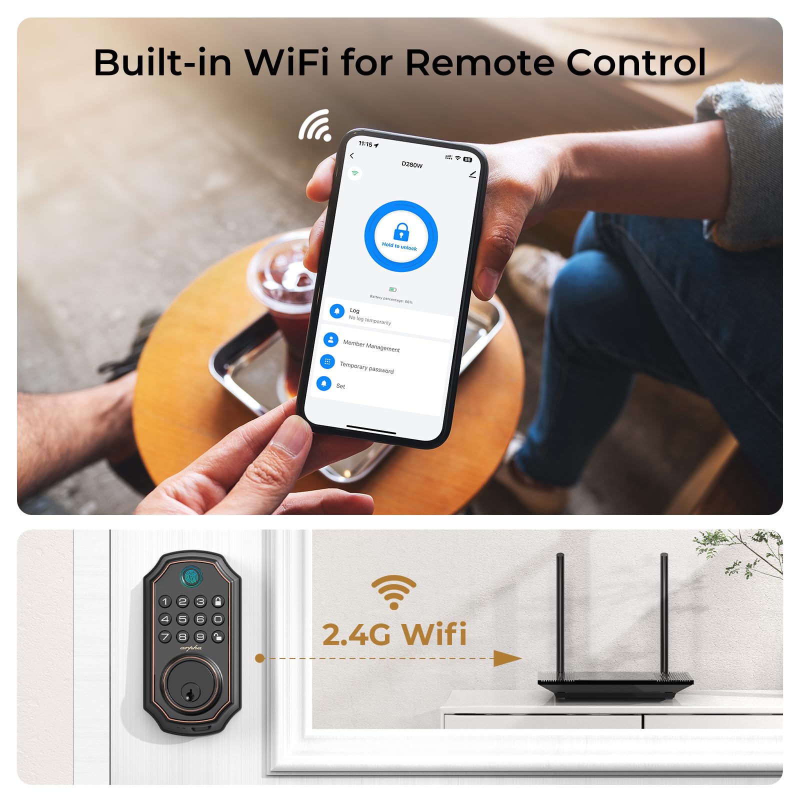 Smart WiFi Door Lock D280W - Keyless Entry Fingerprint Deadbolt with Built-in WiFi, App Remote Control & Electronic Keypad | Alexa Compatible Auto-Locking Front Door Security System for Home & Office | Easy DIY Installation