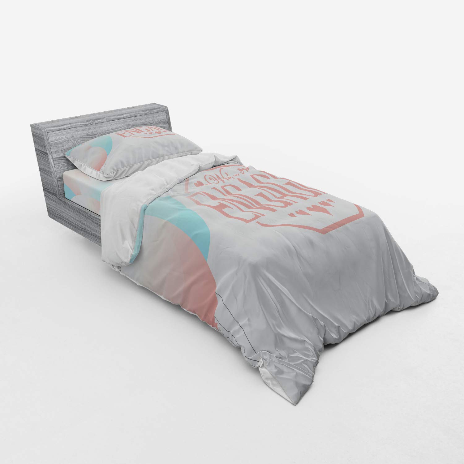 Ambesonne Engagement Party Duvet Cover Set - 3 Piece Bedding with Sham & Fitted Sheet, Twin Size, Pale Pink & Blue - Romantic Balloon & Heart Design for Couples - Perfect for Engagement Celebrations, Wedding Gifts & Newlywed Bedroom Decor