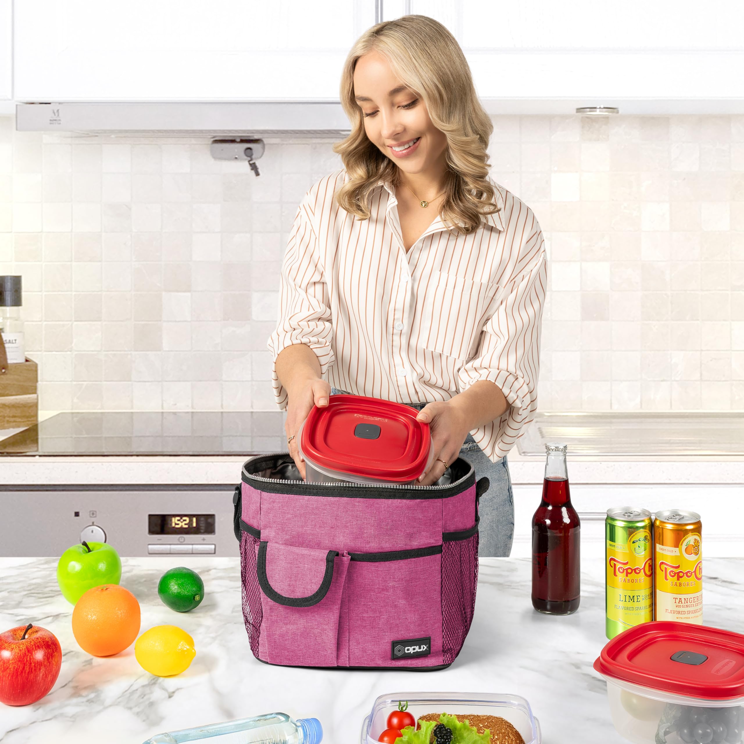 OPUX Insulated Lunch Bag - Leakproof Heather Pink Lunch Box for Work & School, Portable Soft Cooler Bag with Shoulder Strap for Men, Women & Kids - Holds 18 Cans/10L - Perfect for Office, Picnics & Outdoor Activities