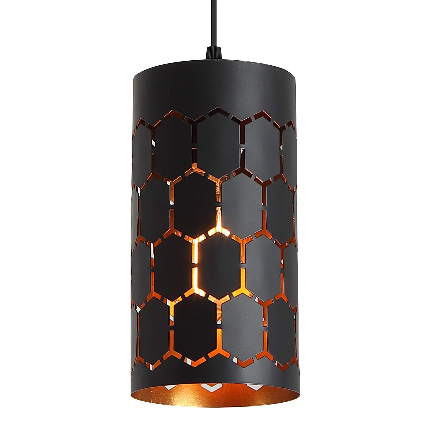 Adjustable Industrial Mini Pendant Light - Contemporary Cylindrical Metal Cage Design with Gold Inner & Black Finish for Kitchen Island, Cafe, Bar - Perfect for Dining Areas, Workspaces & Modern Interior Decor