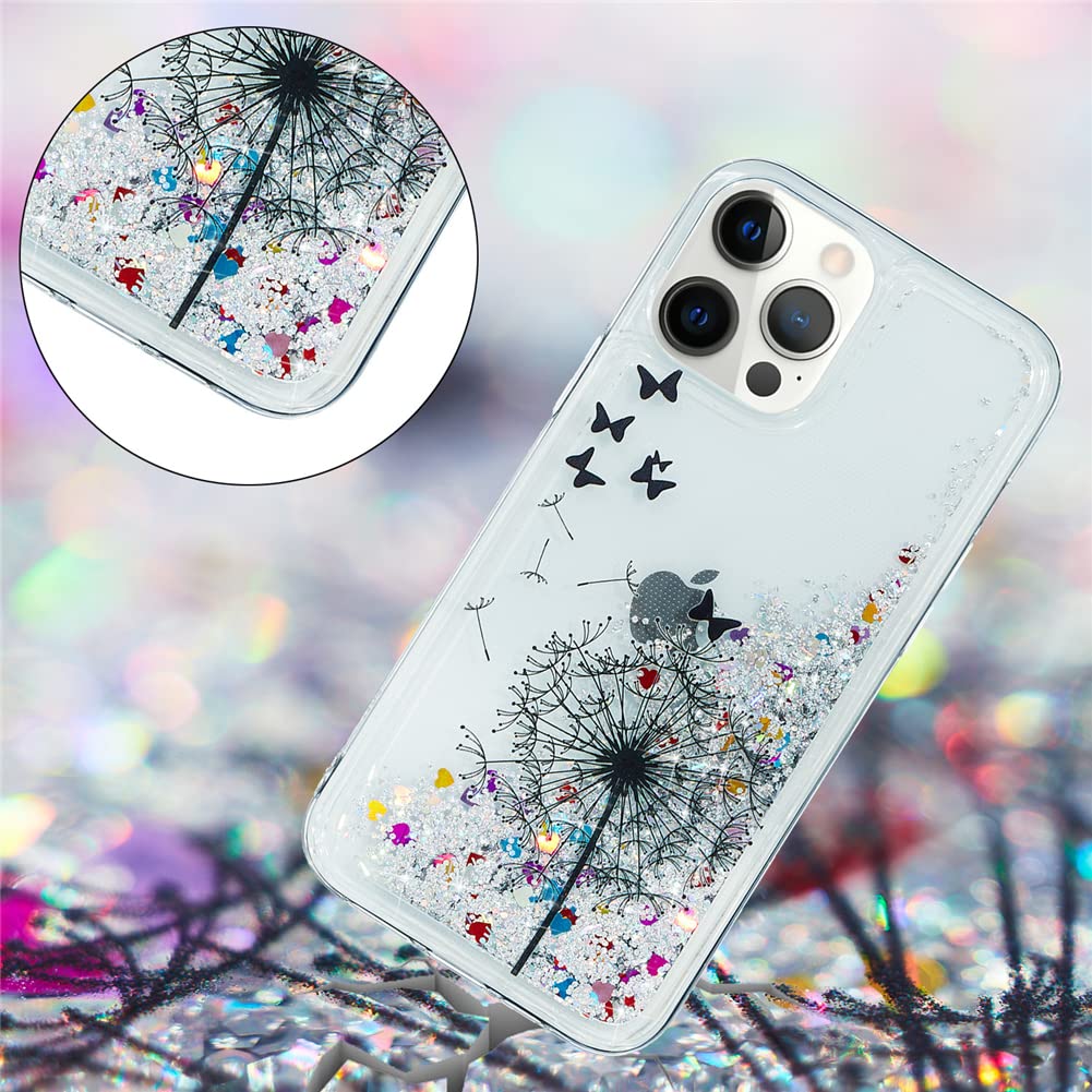 Glitter Liquid Case for iPhone 13 Pro Max - Sparkle Sequin Floating Quicksand Transparent TPU Shockproof Protective Cover - Dandelion Design - Perfect for Parties, Nightlife & Everyday Protection