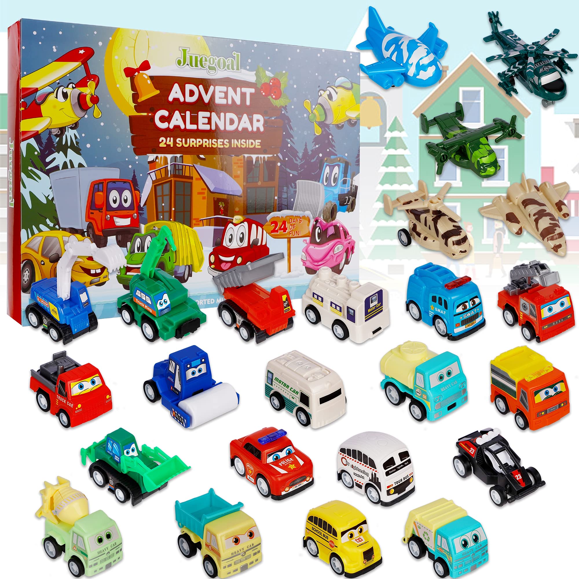 Juegoal 2022 Advent Calendar for Kids - 24 Pull-Back Toy Cars & Aircraft, Daily Surprise Countdown Toys for Toddlers, Boys & Girls | Perfect Christmas Stocking Stuffer & Holiday Gift for Children's Playtime & Learning