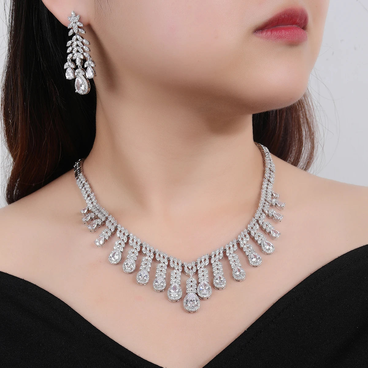 Luxury 2-Piece Water Drop Cubic Zirconia Bridal Jewelry Set - Necklace & Earrings for Weddings, Anniversaries & Special Occasions | CN11014