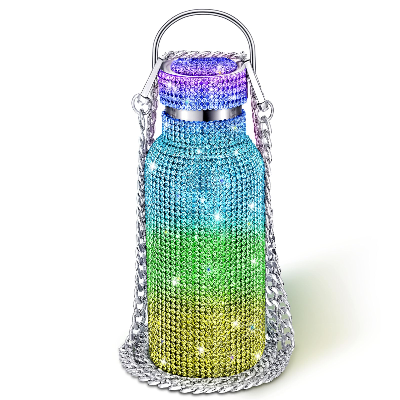 Sparkling Diamond Rhinestone Stainless Steel Insulated Water Bottle - 500ml Thermal Flask with Glitter Chain for Women & Girls | Rainbow Design | Perfect for Gym, Office, Travel & Outdoor Activities