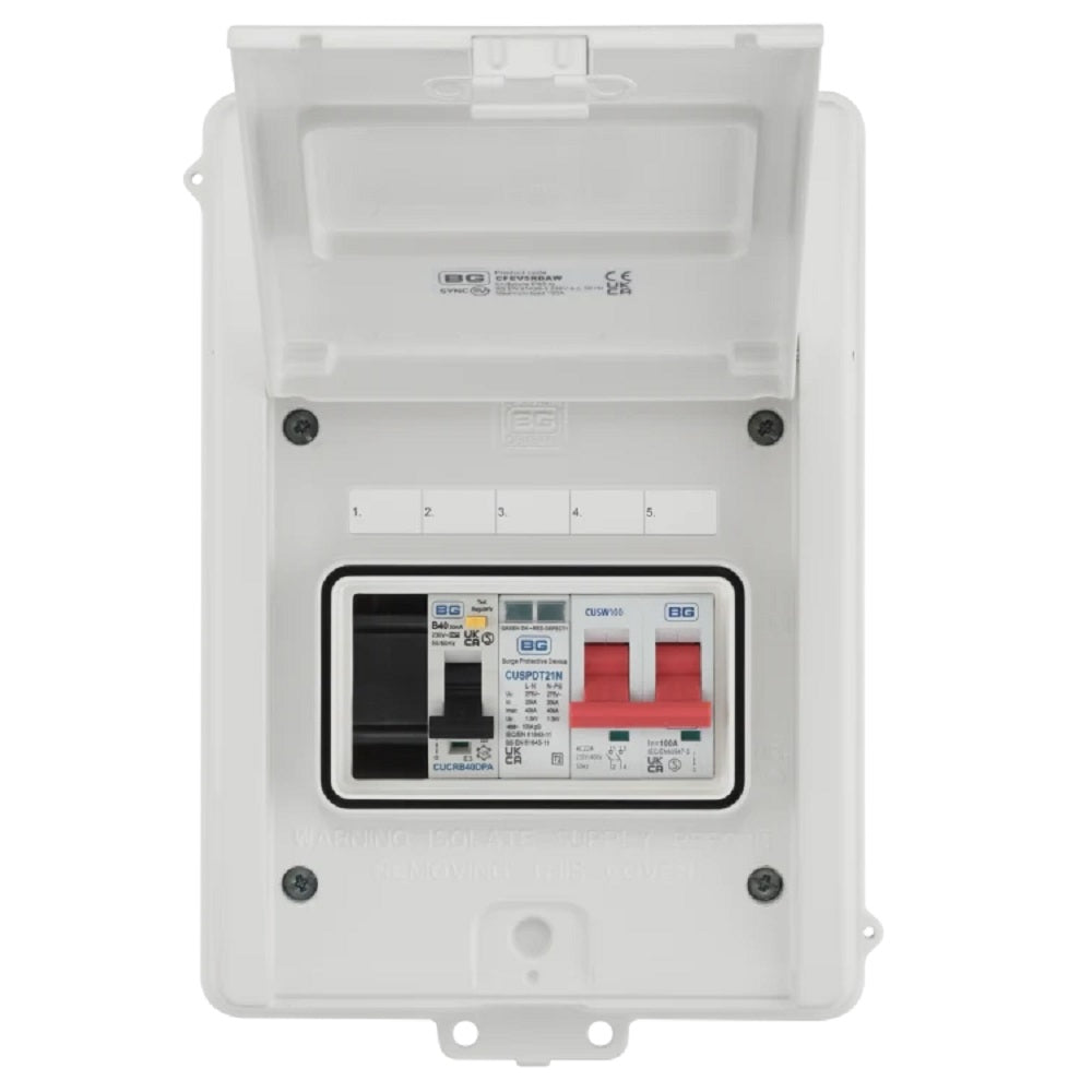 BG Fortress 5 Module Enclosure 100A Main Switch with 40A 30mA Double Pole RCBO Type 2 SPD + 1 Spare Way - White CFEV5RDAW - Perfect for Home & Commercial Electrical Distribution Panels
