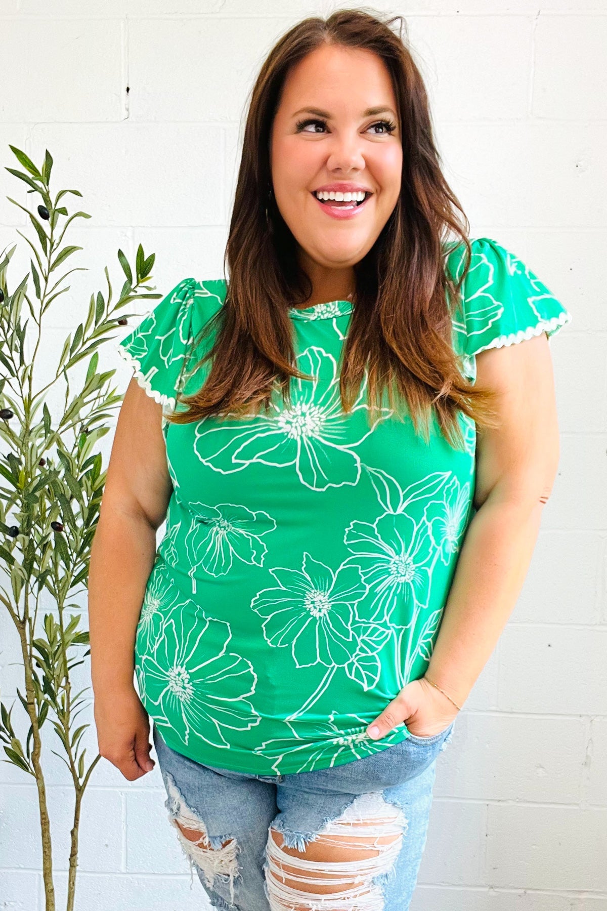 Follow Me Emerald Floral Ric Rac Trim Flutter Sleeve Blouse - Elegant Women's Fashion Top for Parties, Dates & Summer Outfits