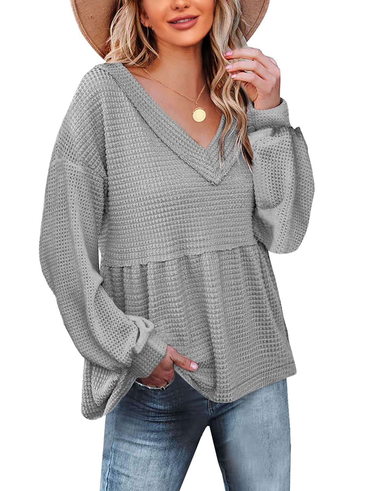 Women's Waffle Knit Long Sleeve Peplum Blouse with Ruffled Layered Hem - Casual Fall Tops for Work, Date Night & Everyday Wear