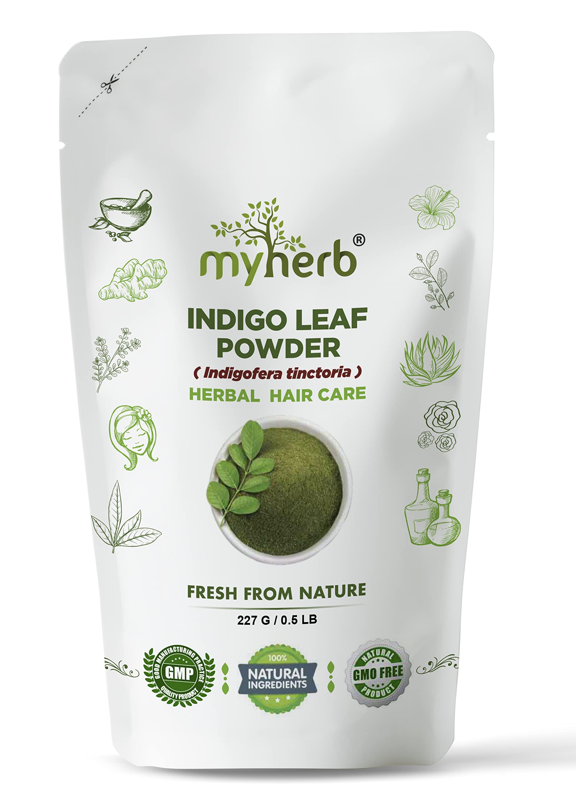 MYHERB 100% Natural Organic Indigo Leaf Powder (Indigofera tinctoria) - 8oz/227g for Hair Growth & Black Hair Care - Men & Women - DIY Herbal Hair Dye & Scalp Treatment for Natural Gray Coverage & Healthy Locks