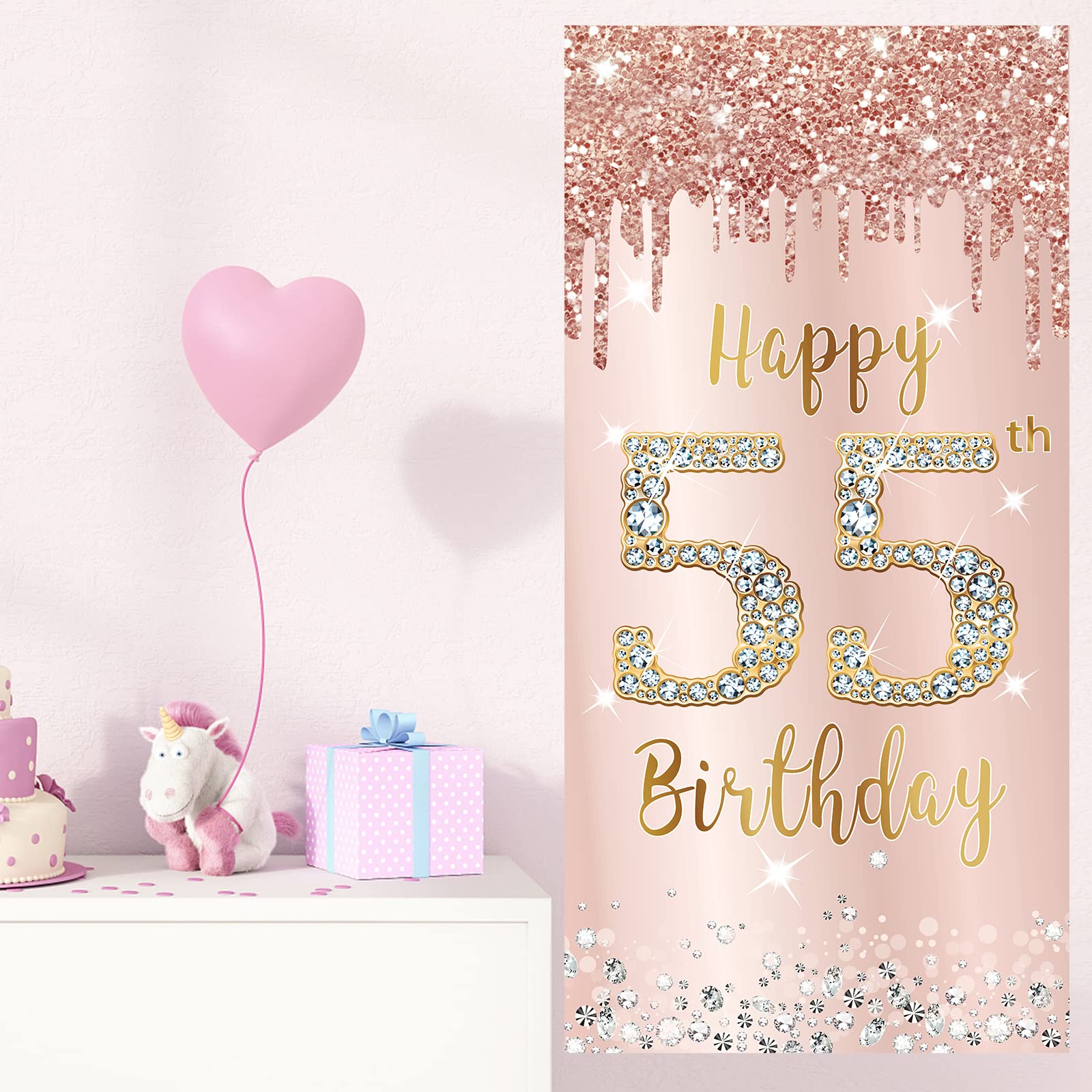 Happy 55th Birthday Decorations for Women - Pink Rose Gold Door Banner & Backdrop Sign | Large 55 Year Old Party Supplies | Perfect for Birthday Parties, Milestone Celebrations & Home Decor