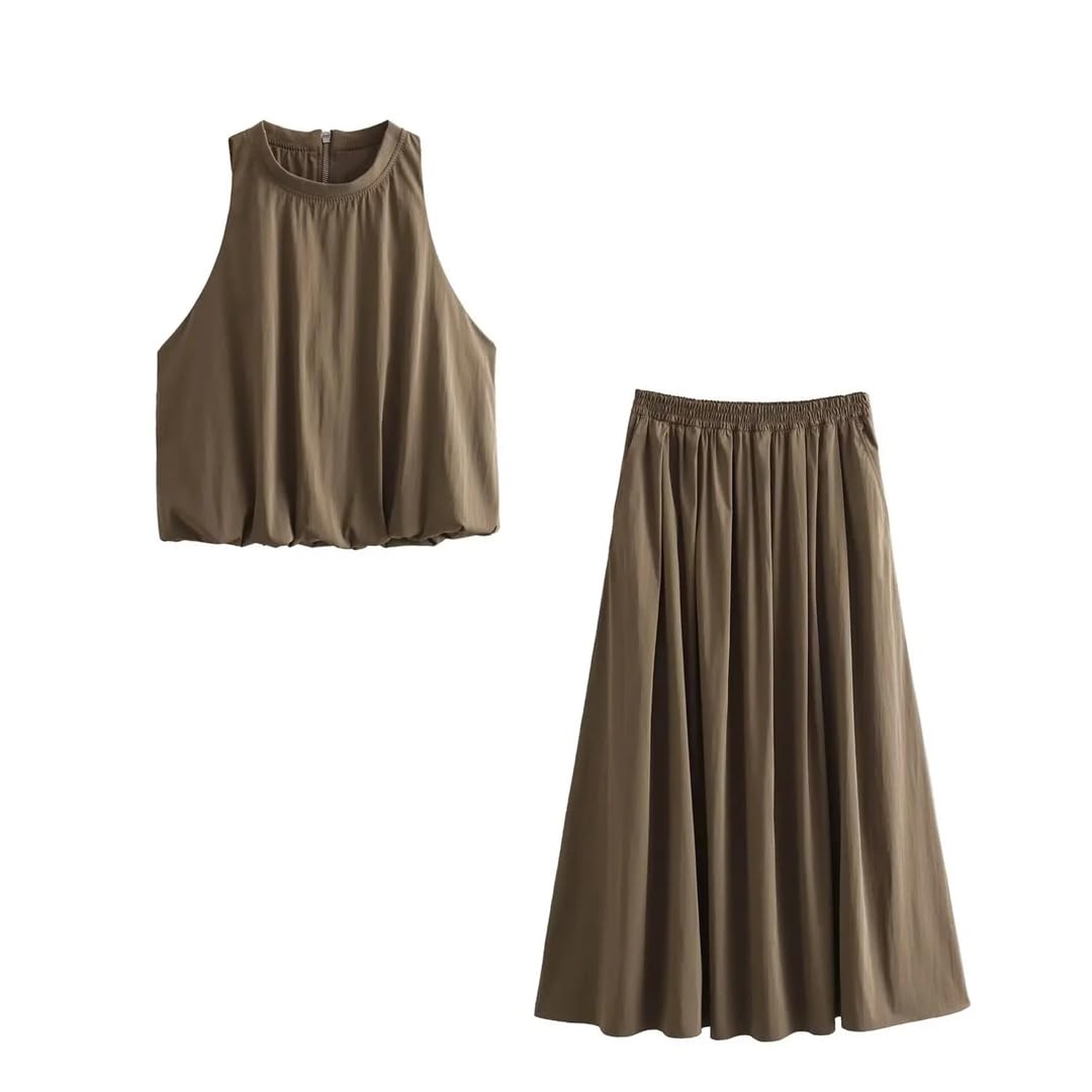Women's Sleeveless High Waist Tank Top & Draped Midi Skirt Set - Slim Fit Zipper Back Crop Top Outfit for Summer, Beach, Party & Casual Wear