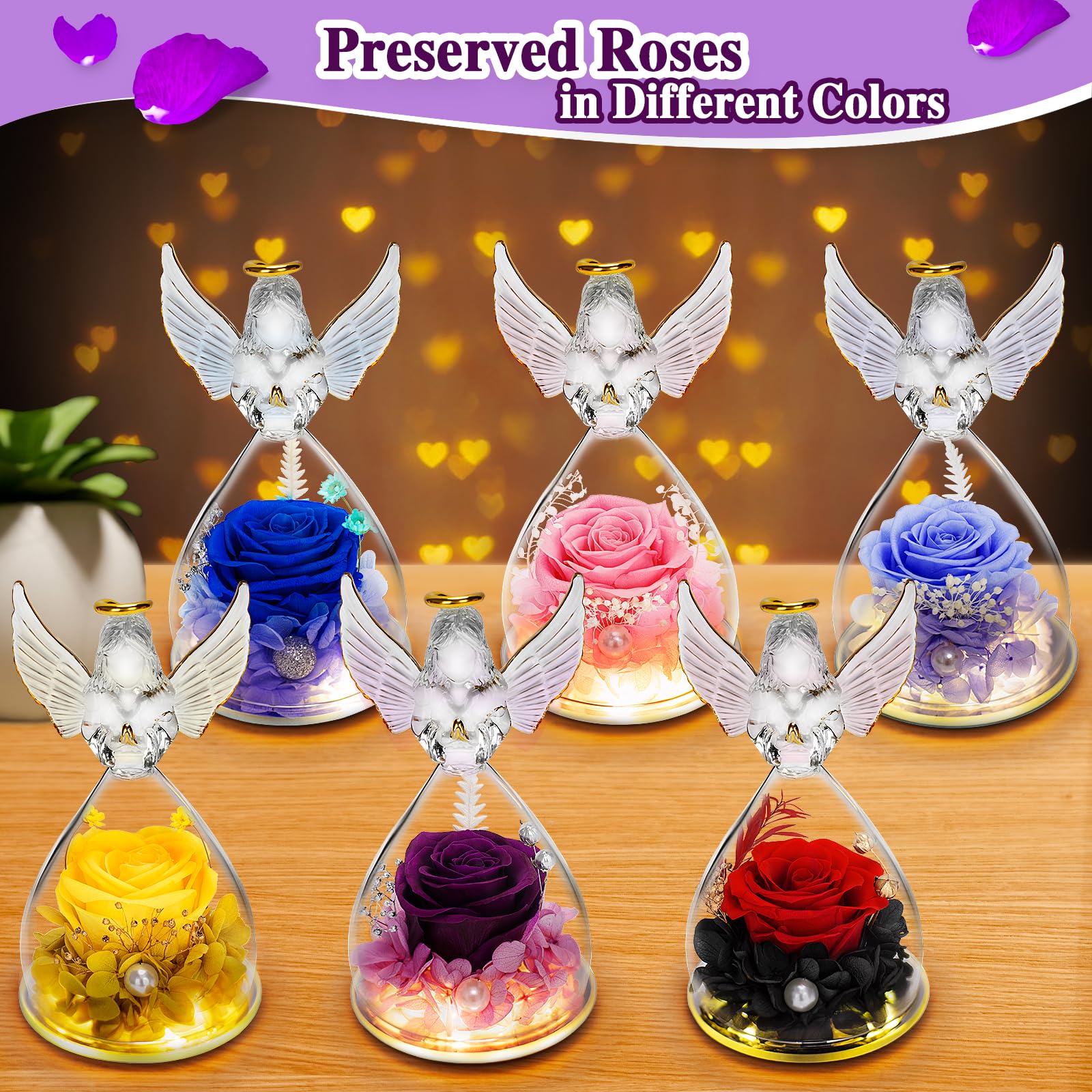LURLIN Preserved Rose & LED Angel Figurine Gift Set - Birthday, Anniversary Present for Women, Mom, Grandma, Wife, Teacher, Nurse | Romantic Home Decor, Valentine's Day Gift, Wedding Table Centerpiece