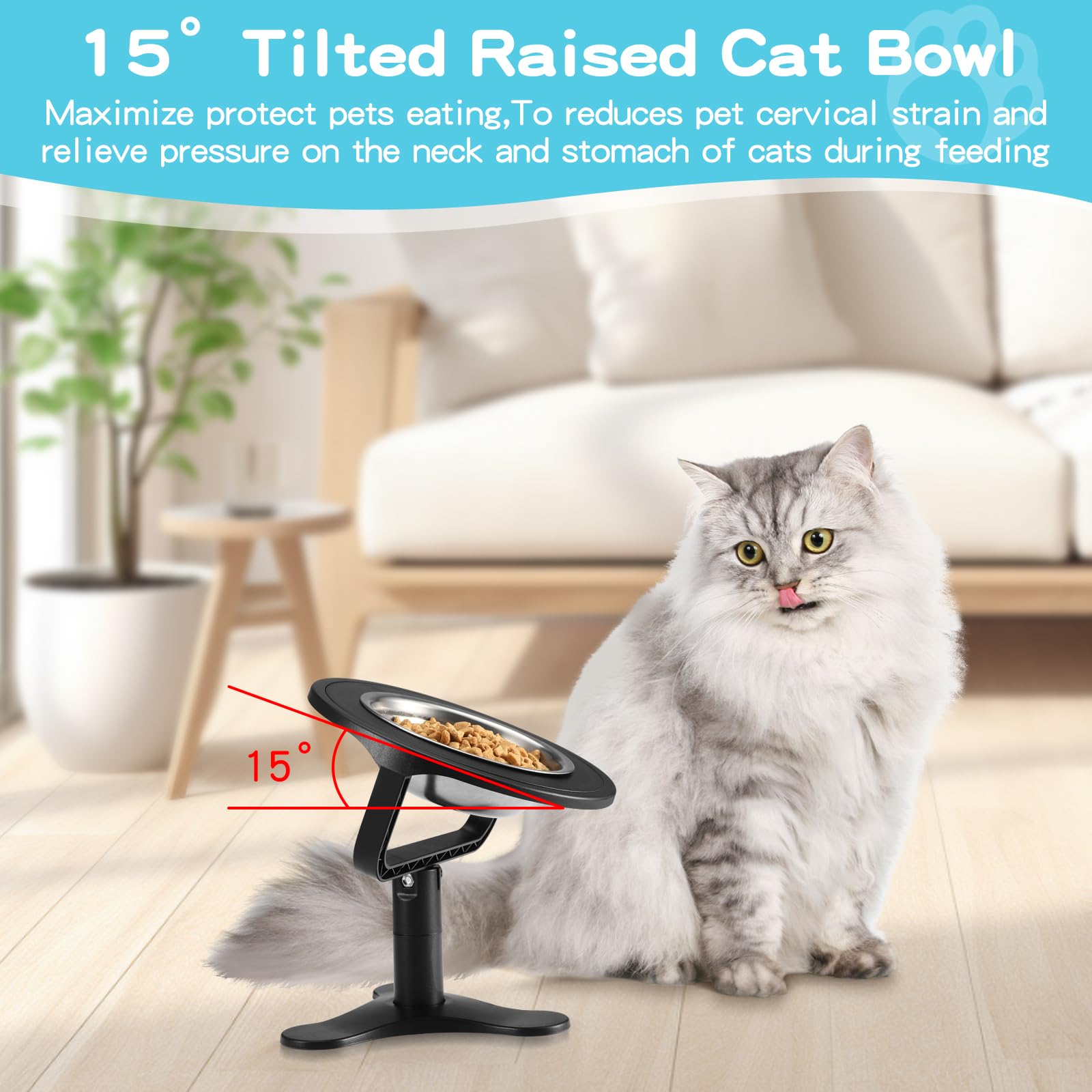**Elevated Cat Bowls with 15° Tilt & Non-Slip Stand - Stainless Steel Raised Pet Bowls for Cats & Puppies - Perfect for Healthy Eating & Digestion**