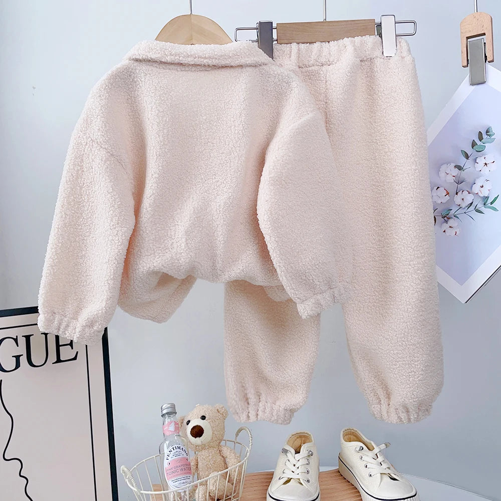 Bear Leader Girls' Autumn Fleece Two-Piece Set - Cozy Standing Collar Pullover Top & Pants Outfit for Kids | Perfect for Fall Playdates, School & Family Photos