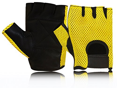PRIME SPORTS Fingerless Leather Weight Lifting Gloves with Mesh for Gym, Exercise & Wheelchair Use - Breathable & Durable Workout Gloves (Black/Yellow, WLG-021) - Perfect for CrossFit, Bodybuilding & Strength Training