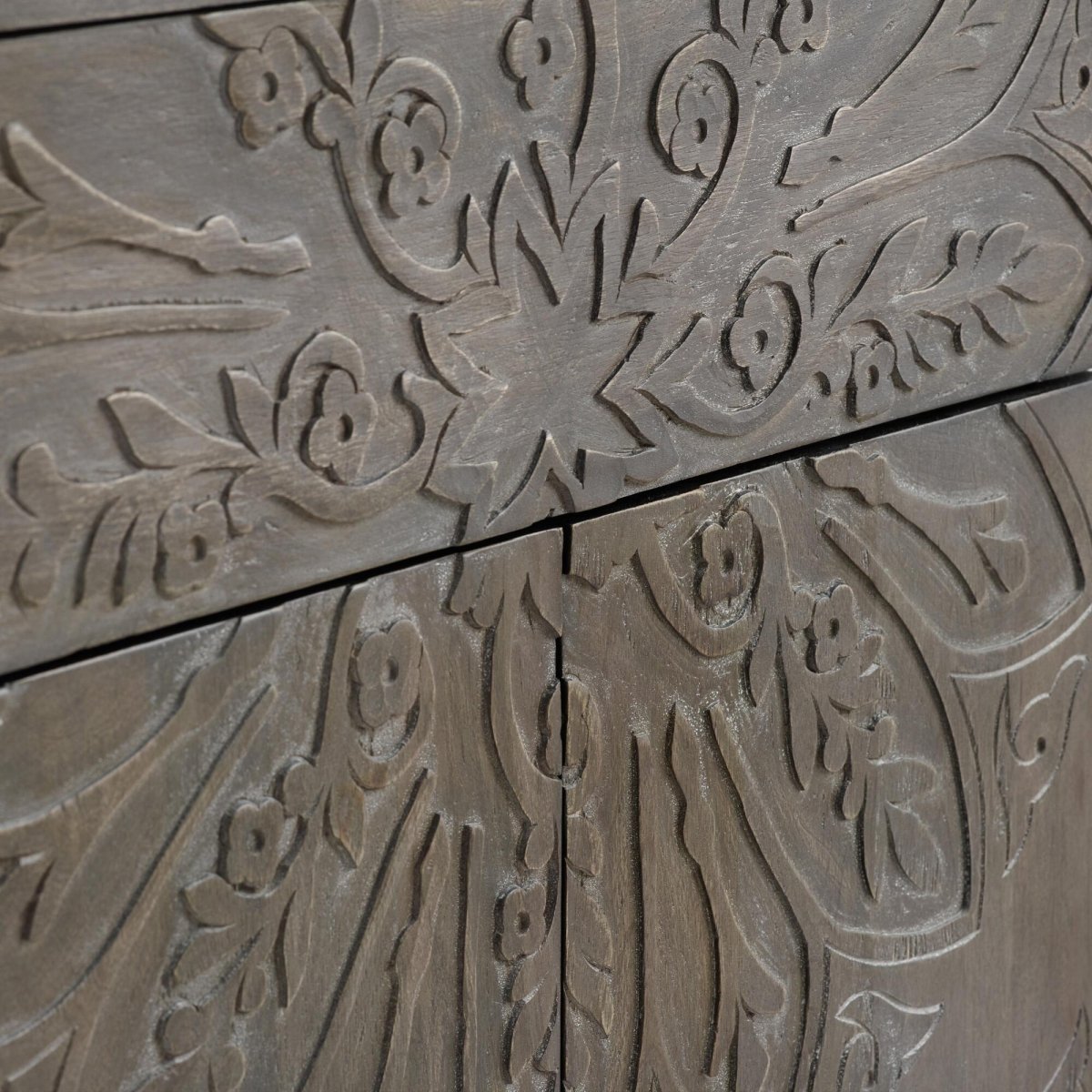Handmade Floral Medallion Carved Tara Cabinet - Grey Wooden Small Sideboard for Living Room, Bedroom & Entryway Storage