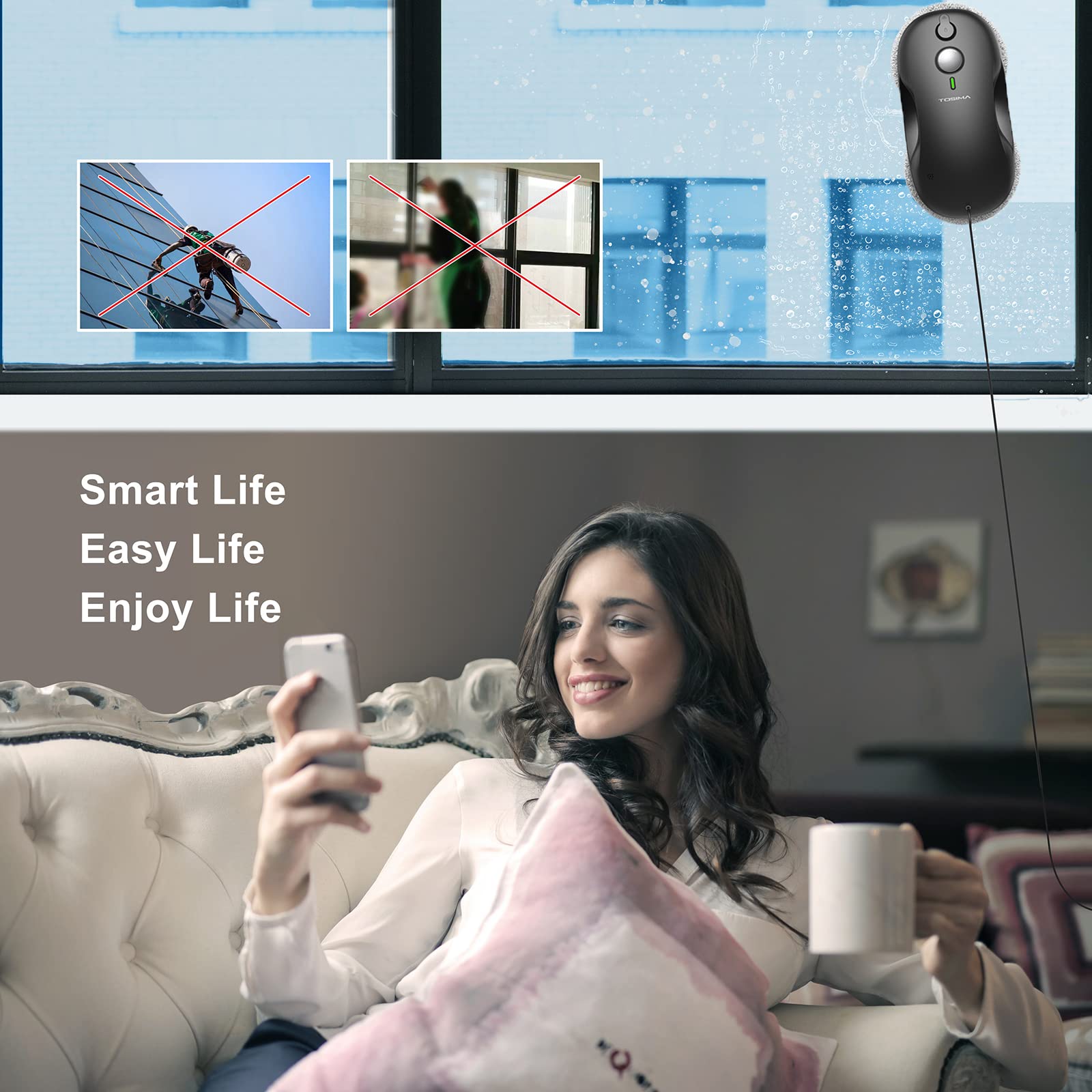 Tosima W3 Smart Window Cleaning Robot - Auto-Spray Dual Direction Glass Cleaner with Triple Safety System, Smart Navigation & Remote Control - 12 Microfiber Rags Included - Perfect for High-Rise Windows, Glass Doors & Skylights (Black)