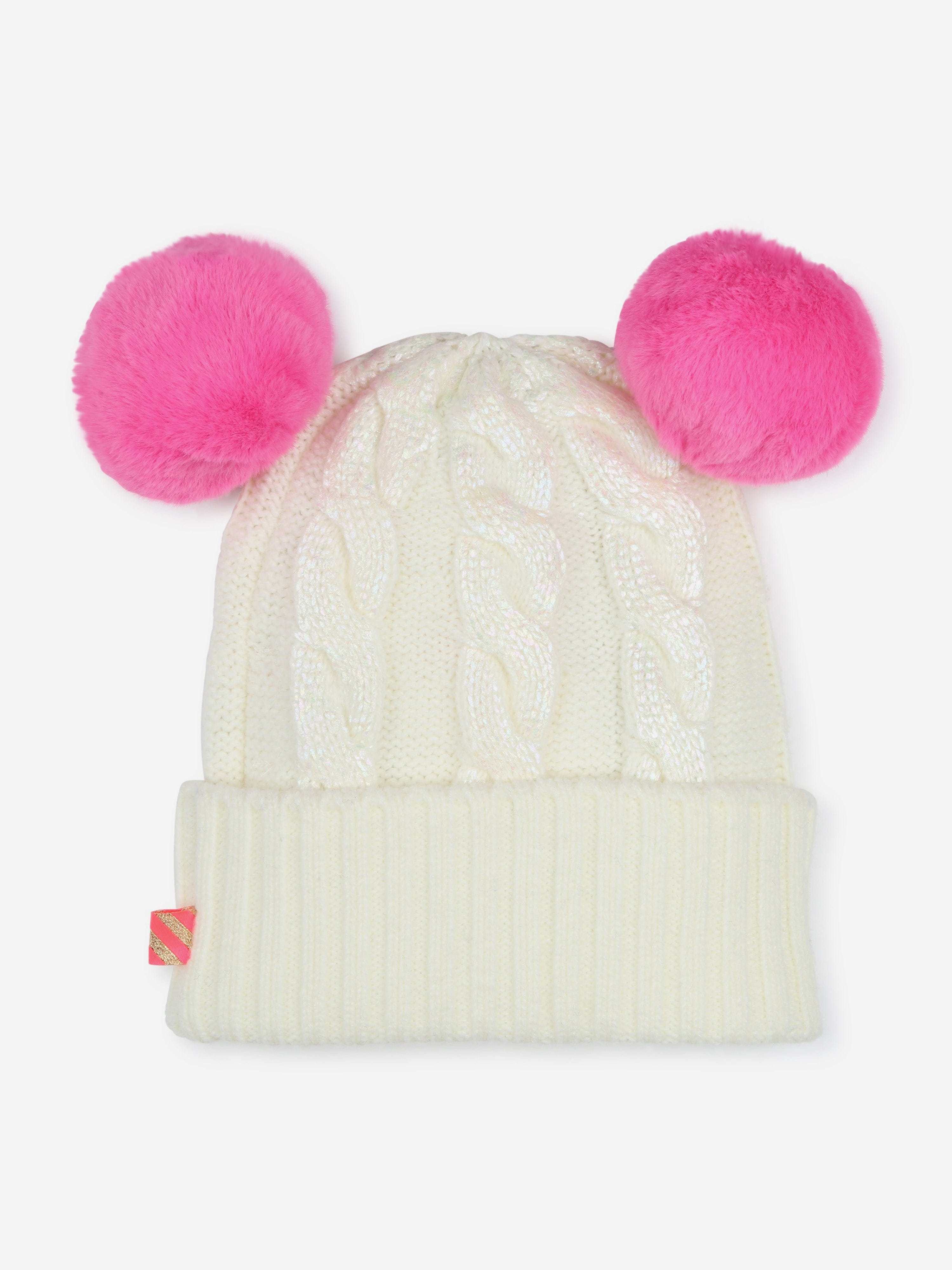Billieblush Girls Double Pom Pom Beanie Hat - Ivory Winter Knit Hat for Kids - Warm & Stylish for Snow Days & Outdoor Play