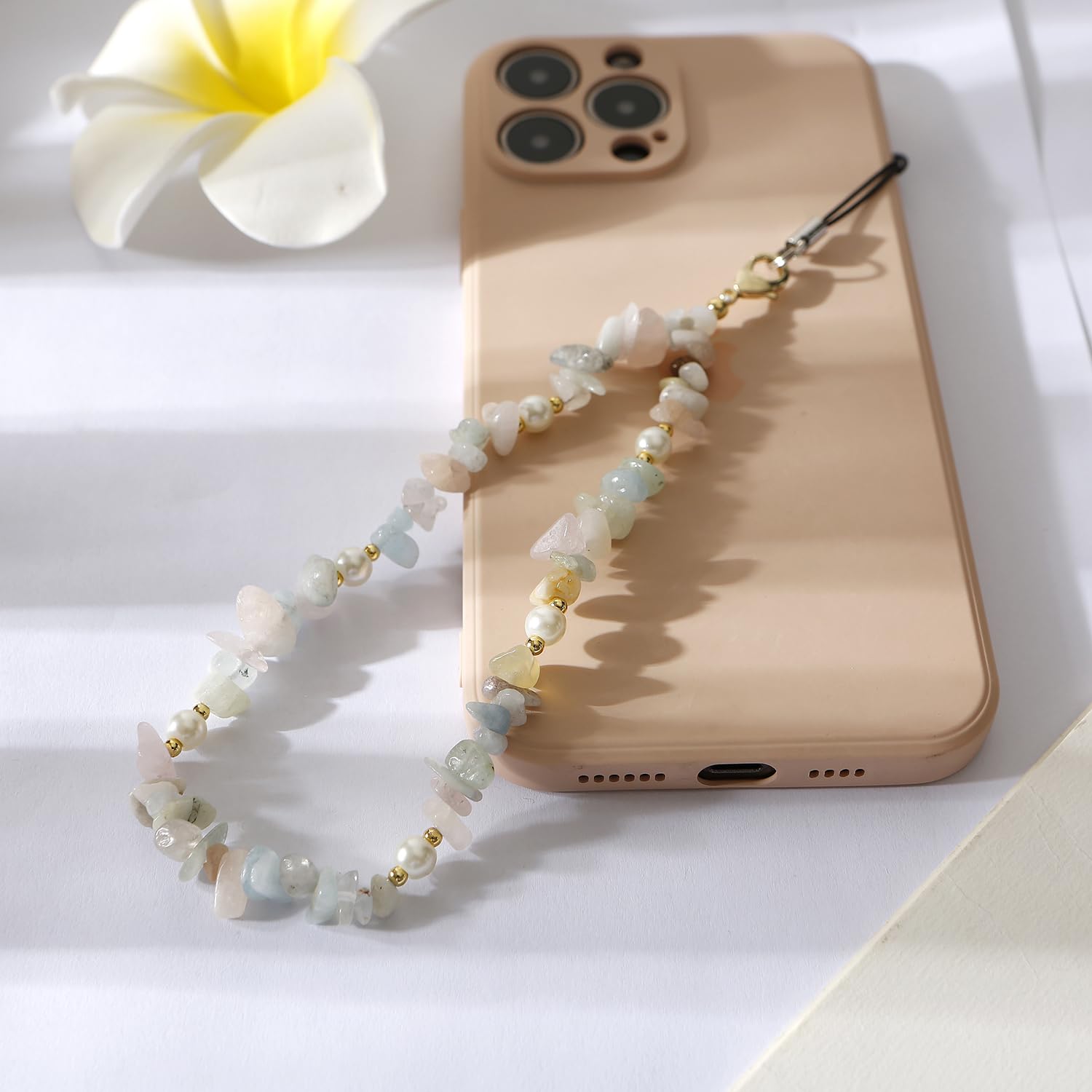 Natural Gemstone Phone Lanyard - Beaded Phone Wrist Strap with Chain for Women & Girls (Green) | Stylish Phone Charm for Everyday Use, Travel & Shopping
