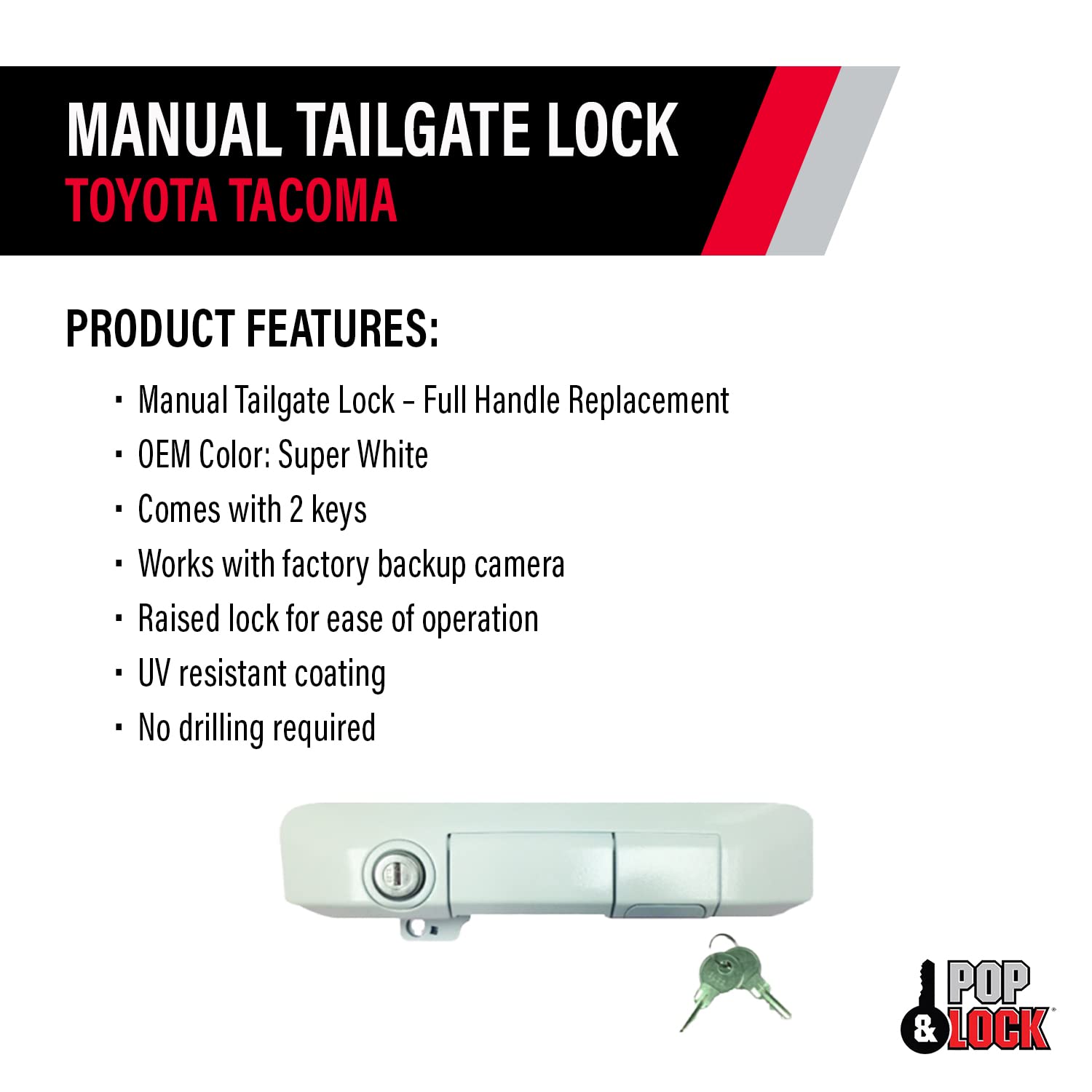 Pop & Lock PL5503 Super White Manual Tailgate Lock for Toyota Tacoma (2005-2023) - Secure Anti-Theft Truck Bed Protection | Perfect for Parking Lots, Job Sites & Outdoor Adventures