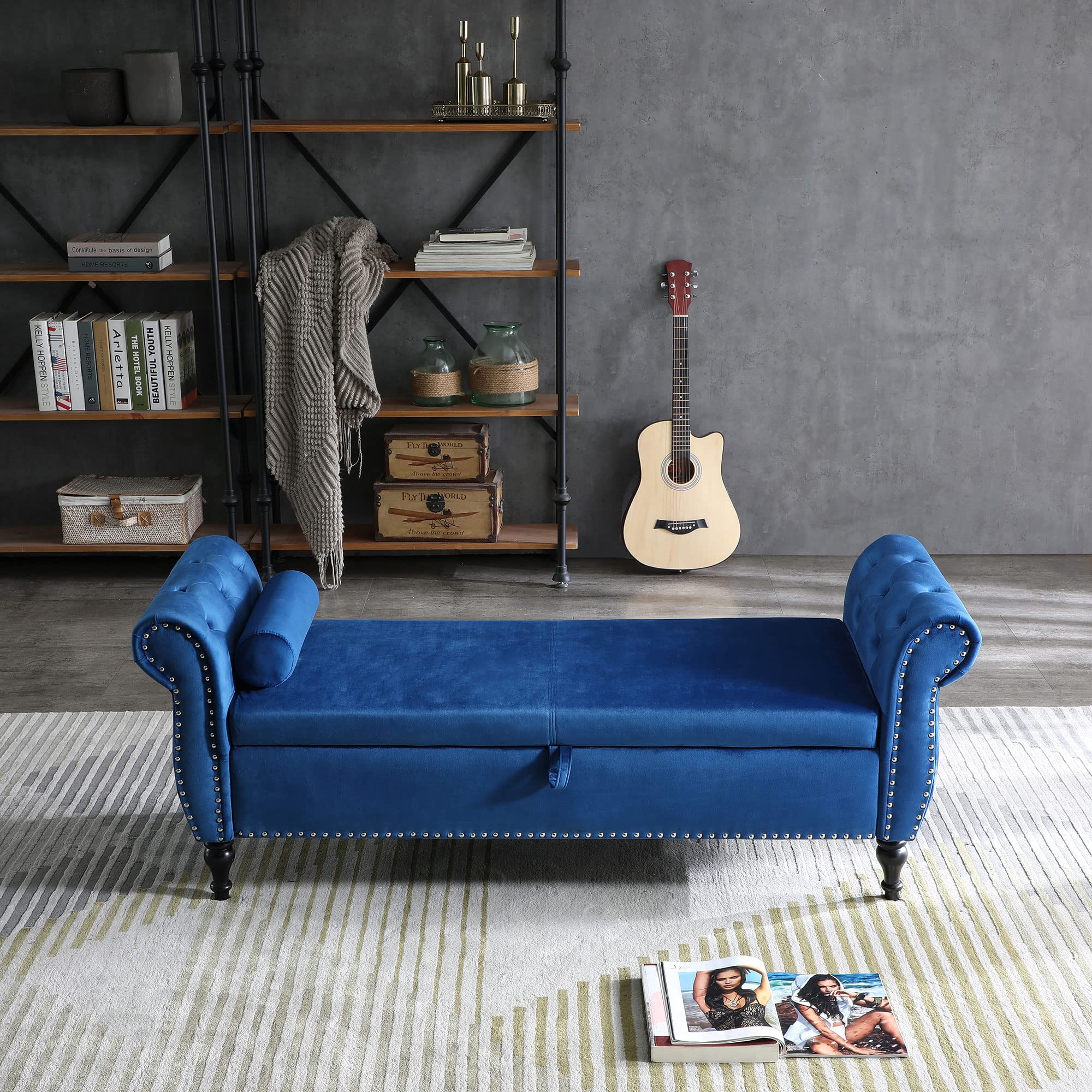 RARZOE Velvet Rolled Arm Storage Bench - Modern Tufted Button Ottoman with Nailhead Trim & Bolster Pillow, Blue Rectangular Sofa Stool for Bedroom, Living Room & Entryway - Perfect for Extra Seating, Storage & Home Decor