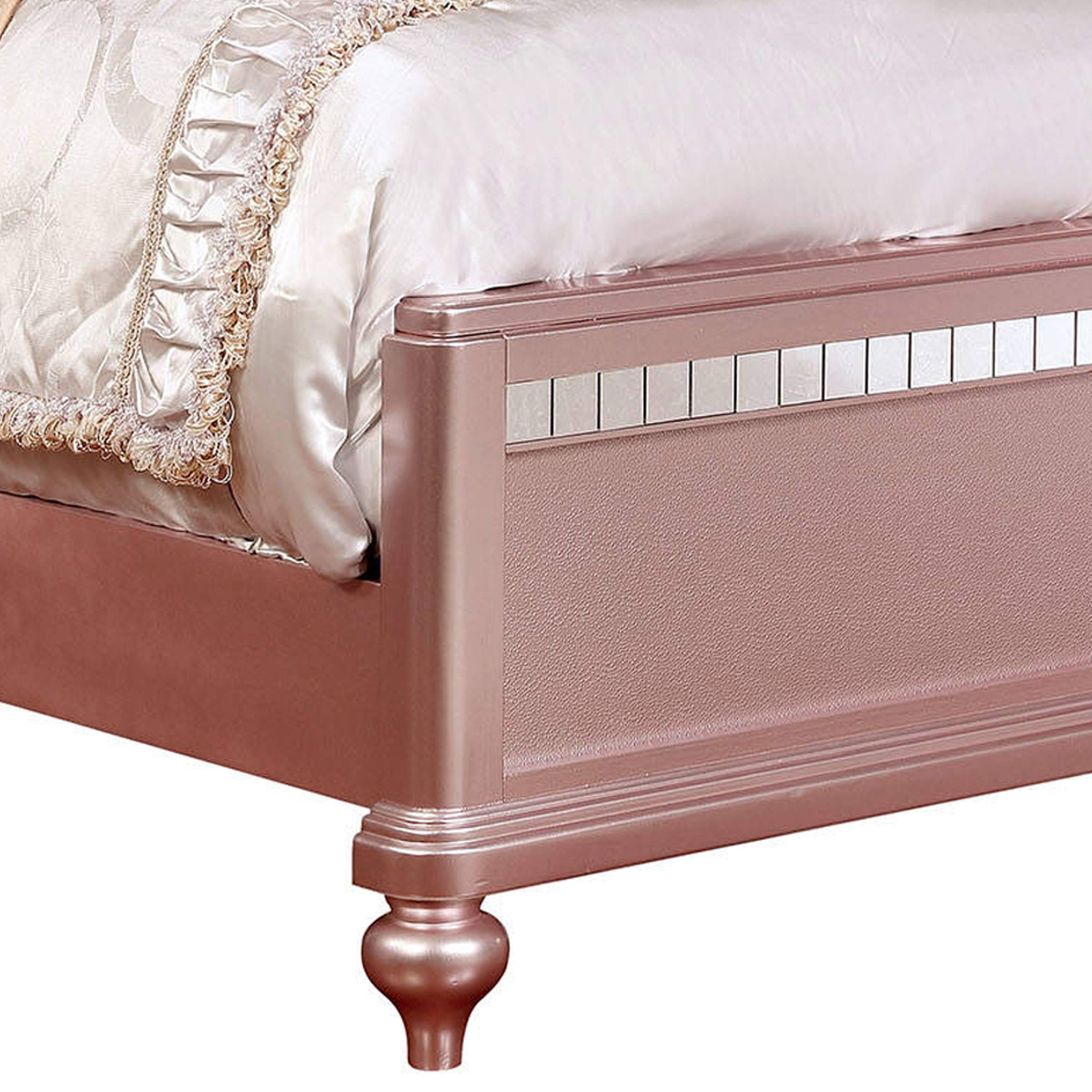 Benjara Twin Size Wooden Bed with Mirror Trim & Camelback Headboard in Pink - Perfect for Girls' Bedroom, Guest Room & Small Space Decor
