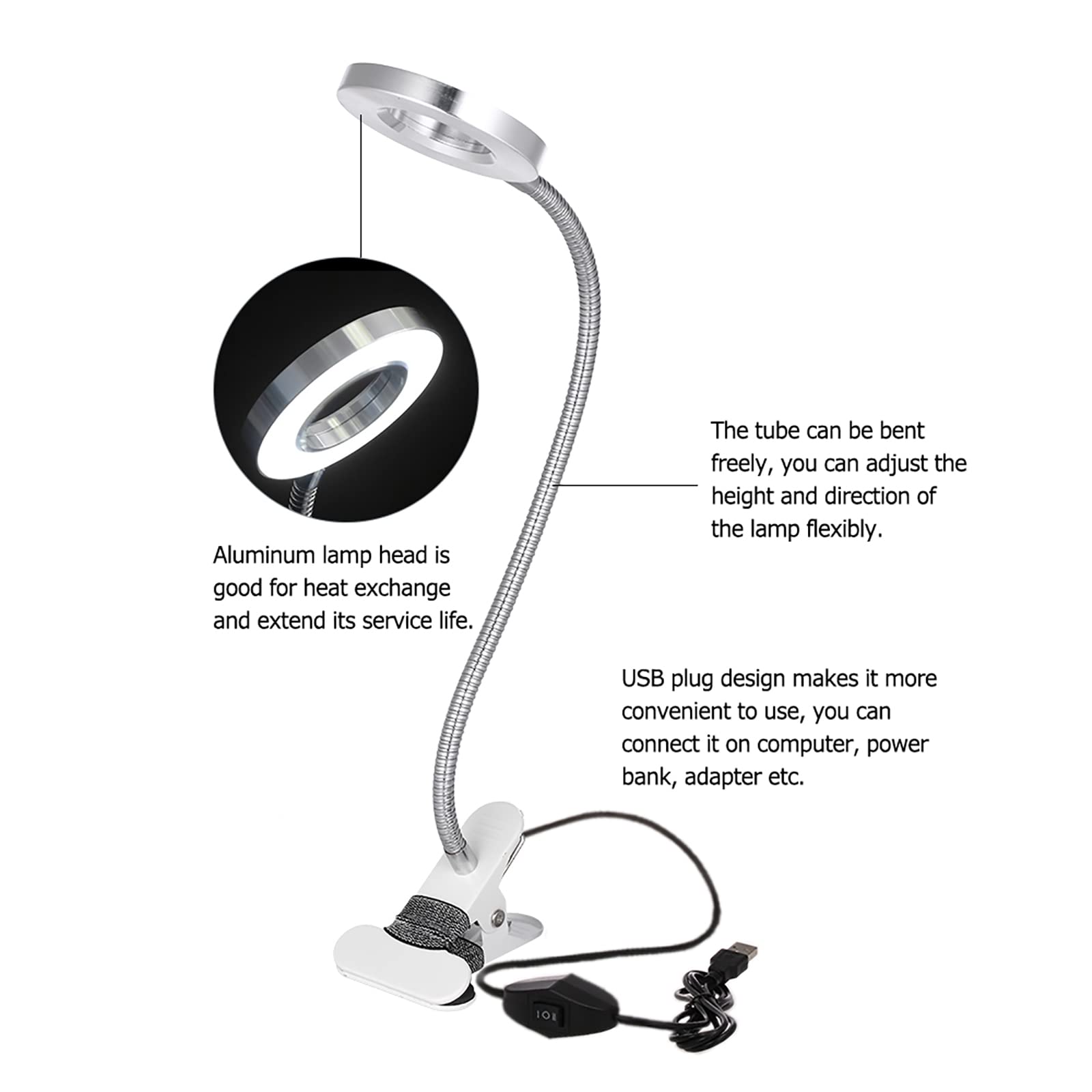 EXCLUZO Eye Protection Desk Lamp - Adjustable USB Clip Light with Flexible Gooseneck for Nail Art, Tattoo, Reading, Working & Studying | Perfect for Home Office, Dorm Room & Craft Station