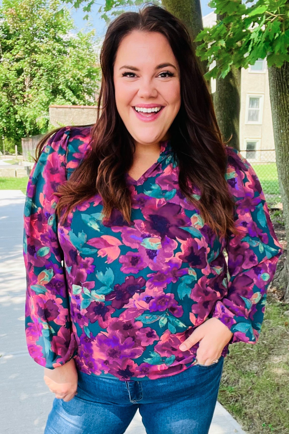 Stylish Hunter Green Watercolor Floral Print Notch Neck Blouse - Elegant Women's Tops for Casual Wear, Office Outfits & Spring Fashion