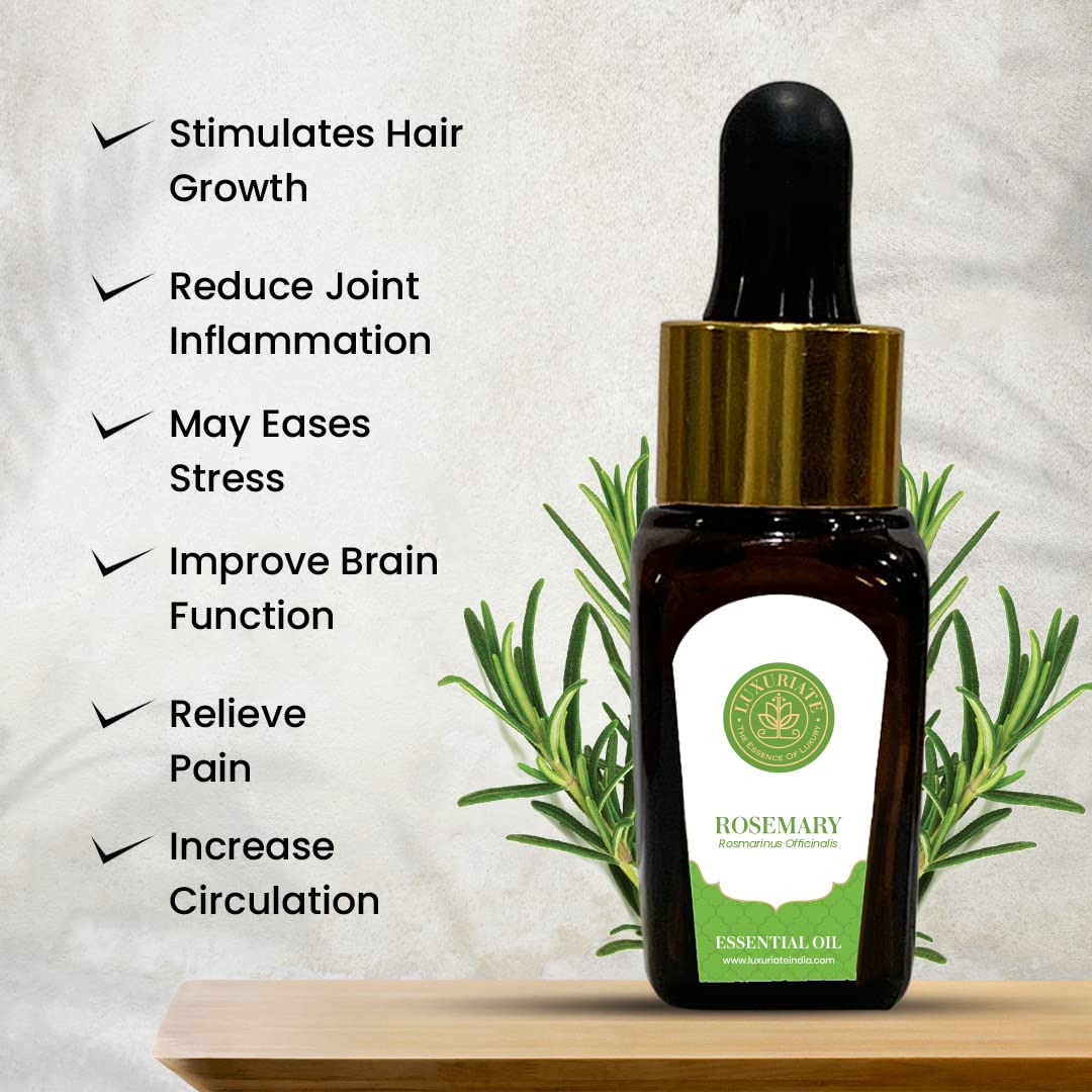 LUXURIATE 100% Pure Natural Rosemary Essential Oil for Hair Growth, Skin Care & Acne Treatment - Aromatherapy Oil for Diffusers, Home Fragrance (10ml) - Perfect for Spa, Massage & Relaxation