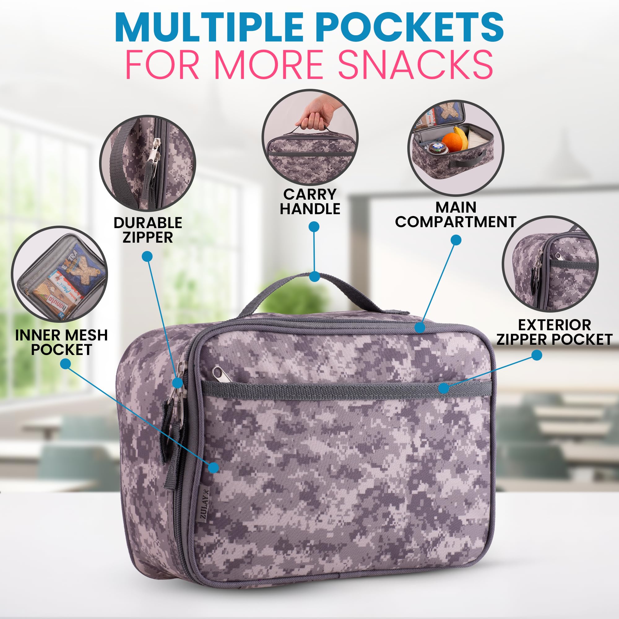 Zulay Insulated Lunch Bag for Kids - Thermal School Lunch Box with Spacious Compartment & Built-in Handle - Leakproof Reusable Lunch Tote for Boys & Girls to Keep Food Fresh (Digital Camouflage) - Perfect for School, Picnics, and Outdoor Activities