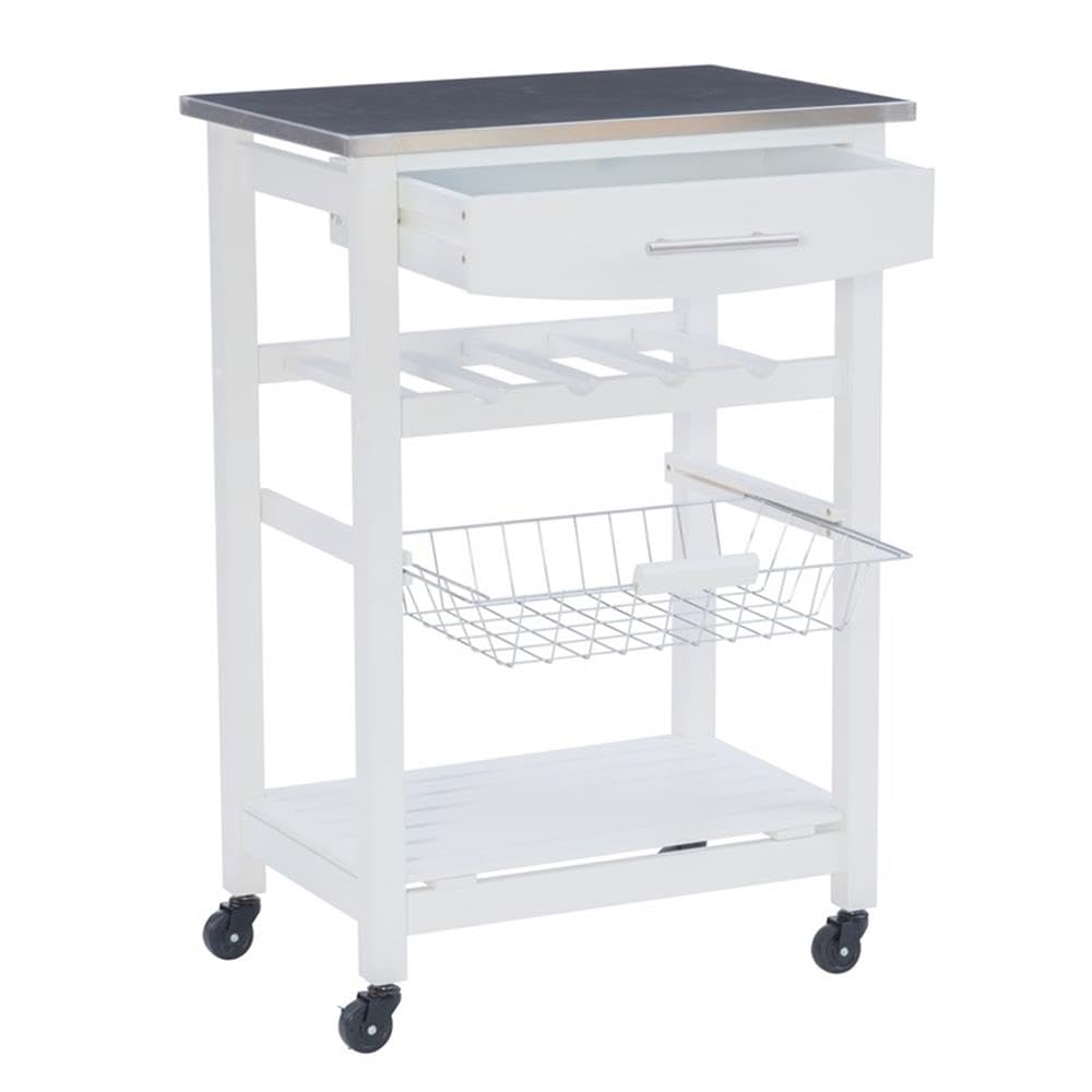 Linon Raven Stainless Steel Rolling Kitchen Island Cart with Wheels, Wine Rack, Pull-Out Drawer & Storage Basket - White | Mobile Microwave Stand for Small Spaces, Extra Counter Space & Kitchen Organization