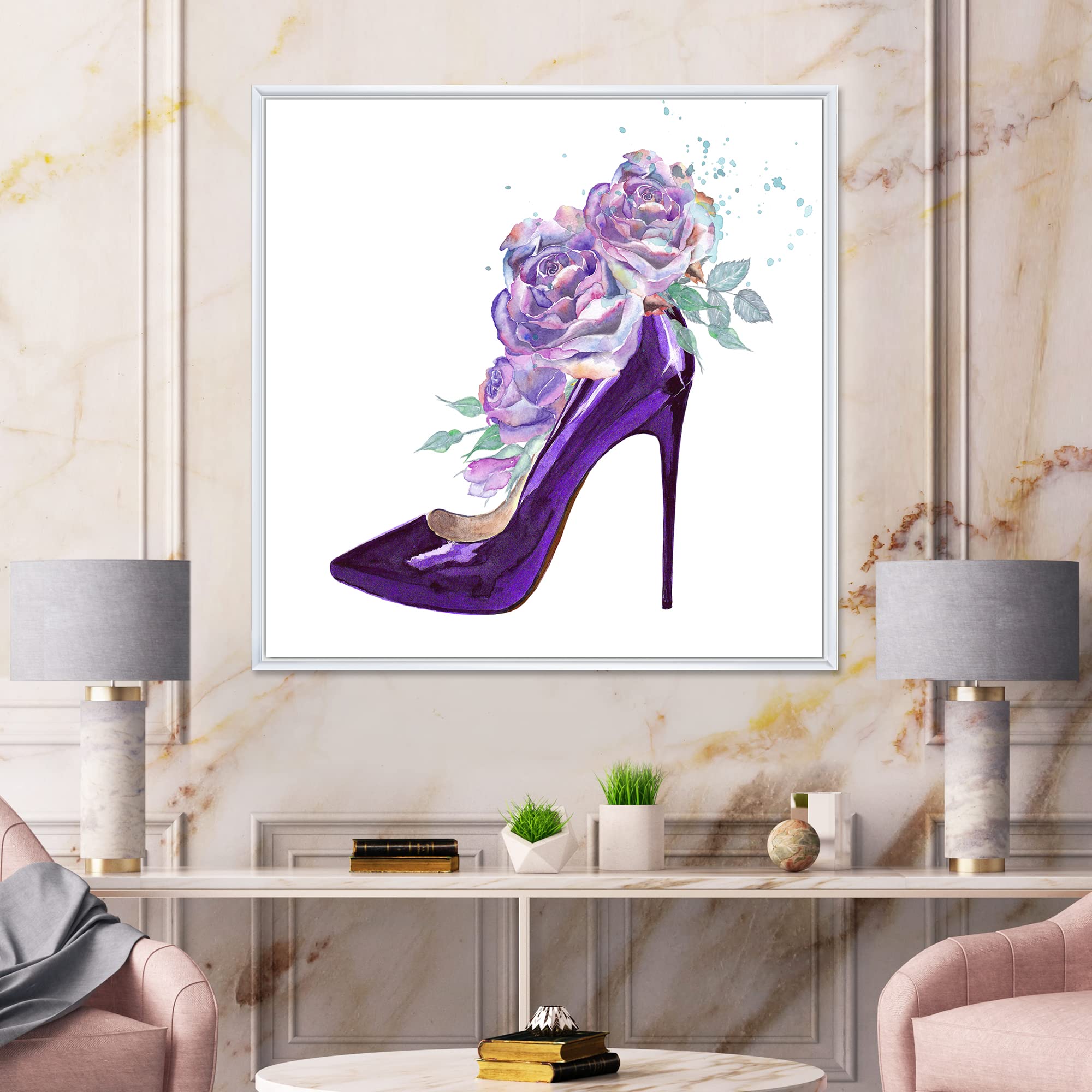 Dark Purple Stiletto Shoes with Pink Violet Roses - Elegant Canvas Wall Art Print for Home Decor | Perfect for Living Room, Bedroom & Office Wall Decoration