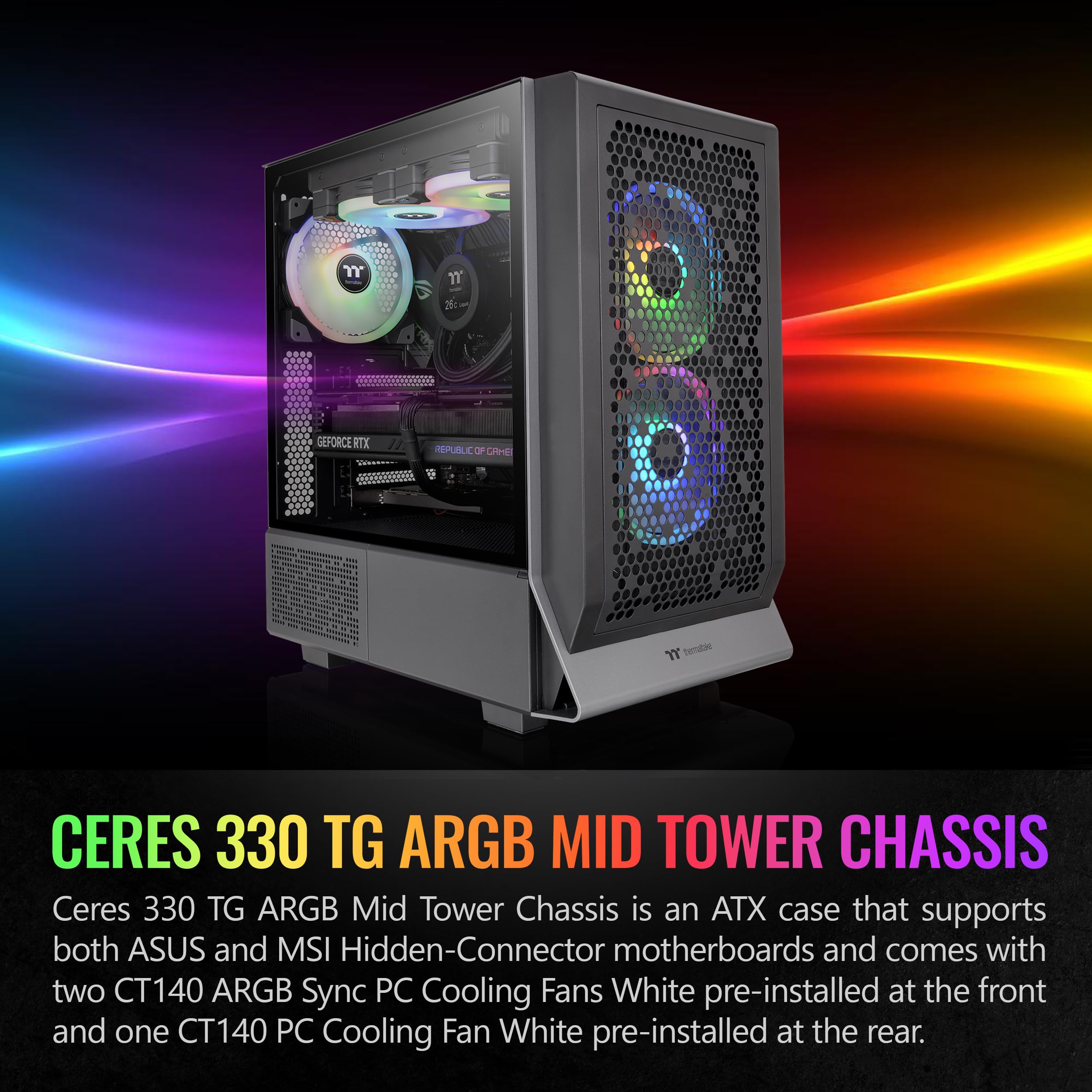 Ceres 330 TG ARGB Black Mid Tower E-ATX Gaming PC Case - Hidden-Connector MB Support, 2 Preinstalled CT140 ARGB Fans, Rotational PCIe Slots (Model CA-1Y2-00M1WN-01) - 3 Year Warranty | Perfect for Gaming Rigs & High-Performance PC Builds